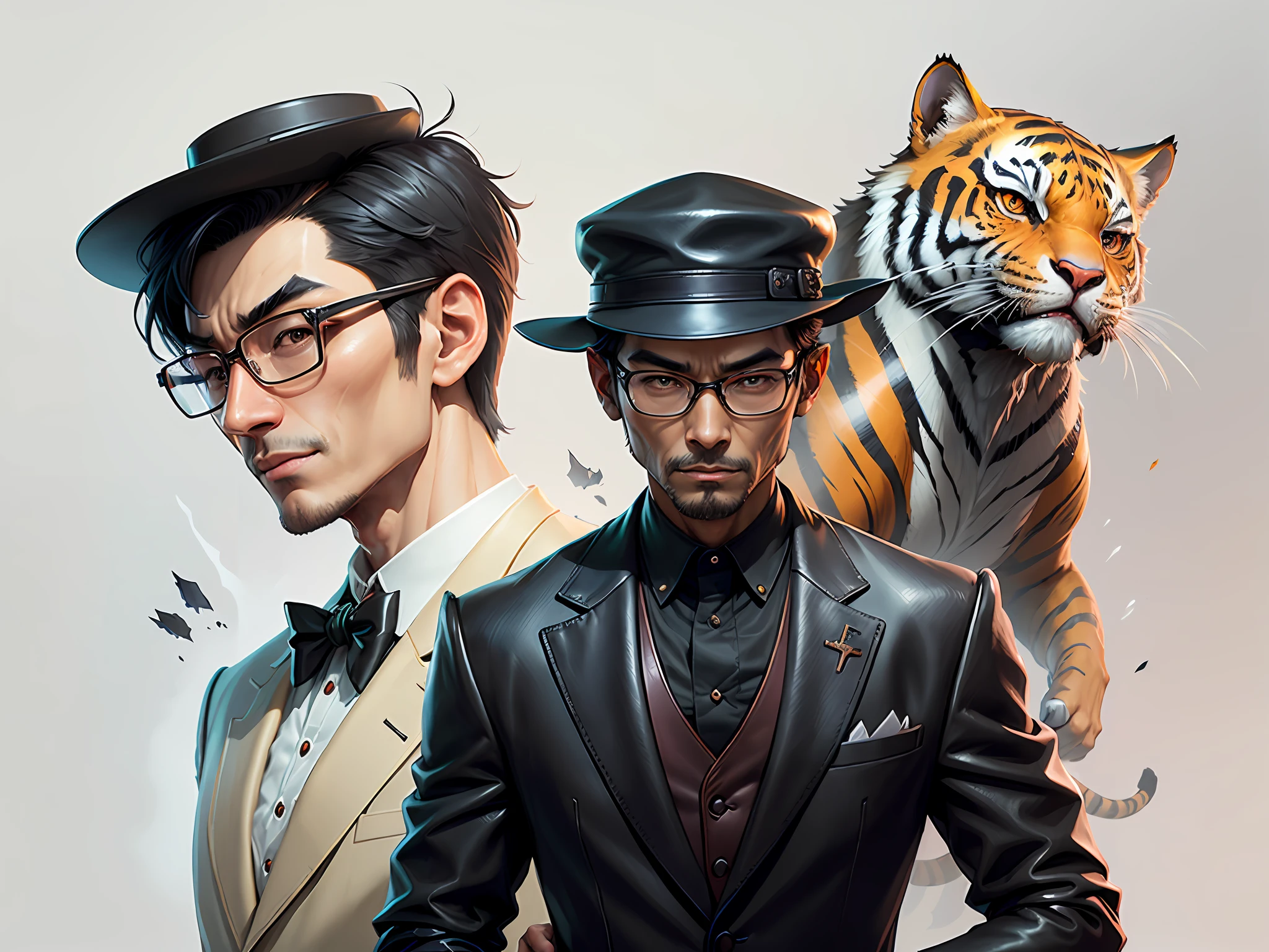 Young man with oriental face in leather hat, tiger, oriental face in formal suit, short black hair, silver glasses, digital painting, 3D character design by Mark Clairedon and Pixar and Hayao Miyazaki and Akira Toriyama, the illustration is a high-definition illustration in 4K resolution with very detailed facial features and cartoon-style visuals.
