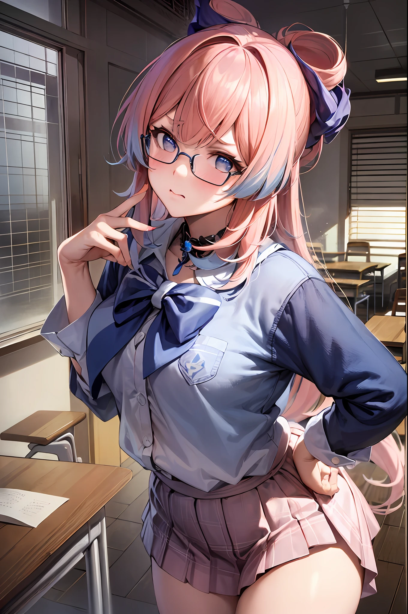 masterpiece, best quality, ultra detailed, hyper realistic, photo),delicate pattern, detailed background, uncensored completely, cowboy shot,  japanese girl, class room,
school uniform, loose collar, skirt, looking over eyewear,
hair between eyes, pink hair
put up index finger and one hand on hip,  angry with puffed cheeks,
from above, leaning forward,