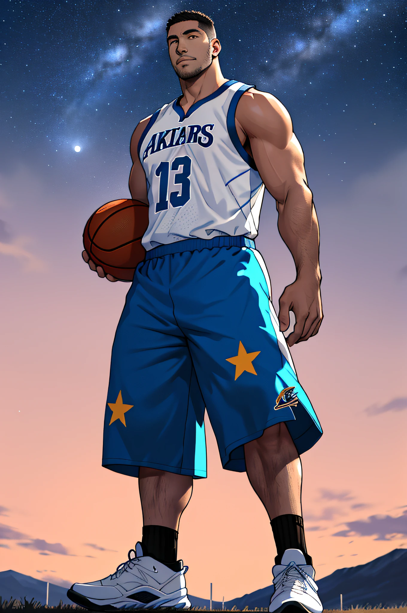 Draw a mature basketball player，Standing on the steppe at night，He wears a basketball uniform and basketball shoes，The man looks confident and determined，looking-down，Crew cut，full bodyesbian，Stars dot the sky，shooting from below，Big moon highlights background