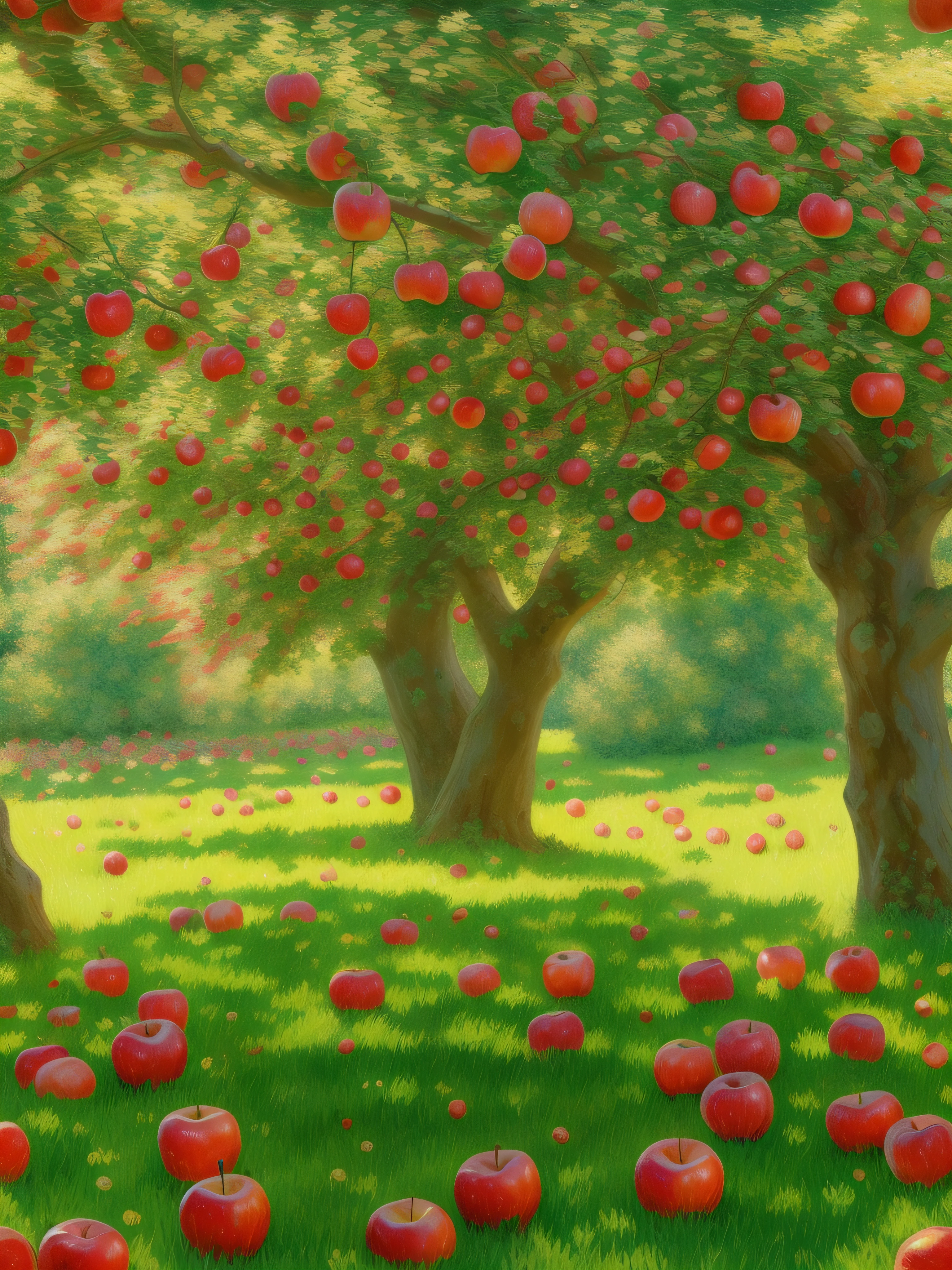 full shot, a picturesque lawn and a columnar apple tree all covered with ripe red apples under the apple tree a lot of apples on green grass, bright sun rays shine from above on the left, super high quality, super high detail, super sharp focus, art station, claude monet style, hyperphotorealism