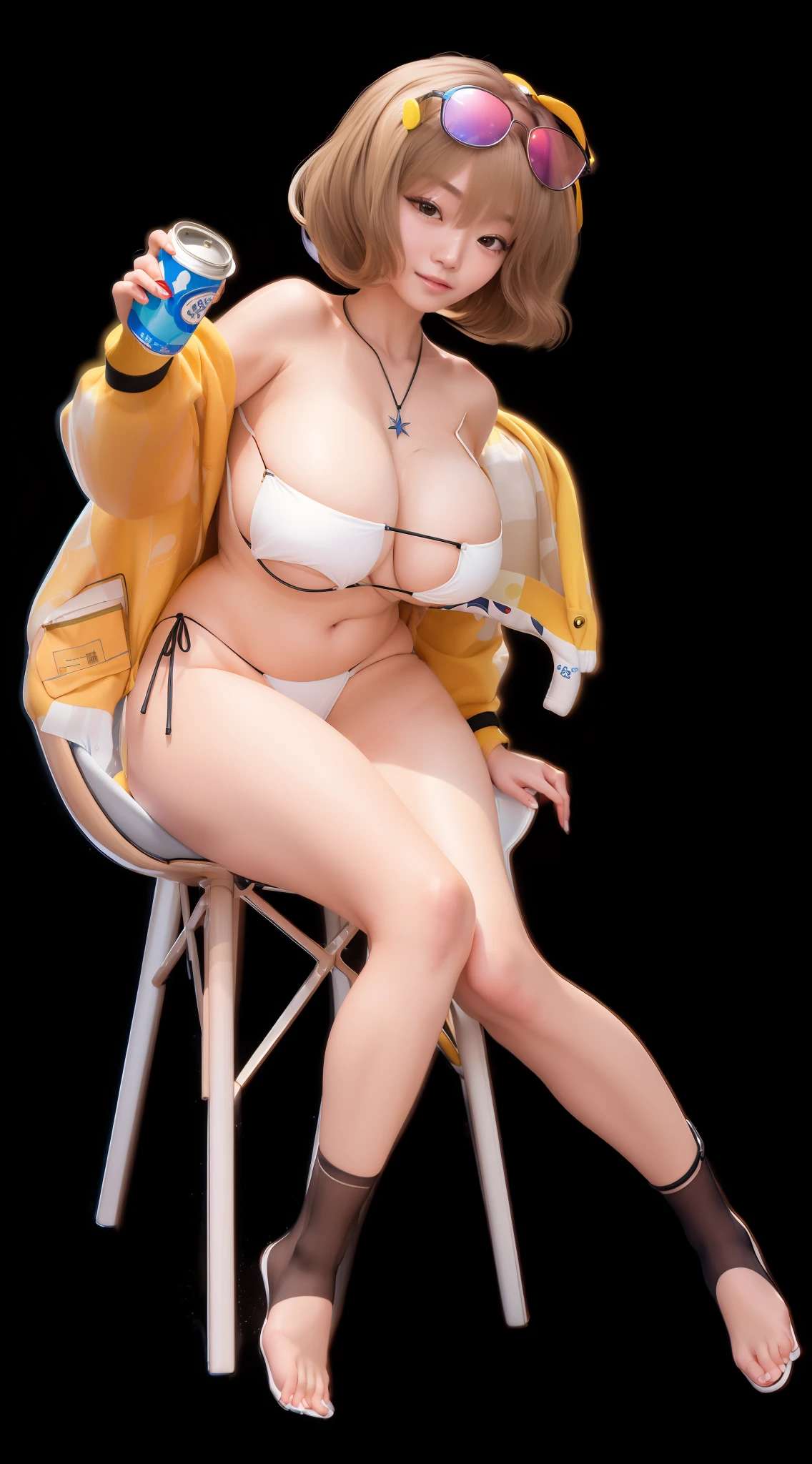 A hyper-realistic、ultra-detailliert、top-quality、masterpiece、hight resolution、Bikini woman with can chu hai sitting on chair, Wearing a half-hut yellow jumper、voluminous blond hair、Sunglasses on the head