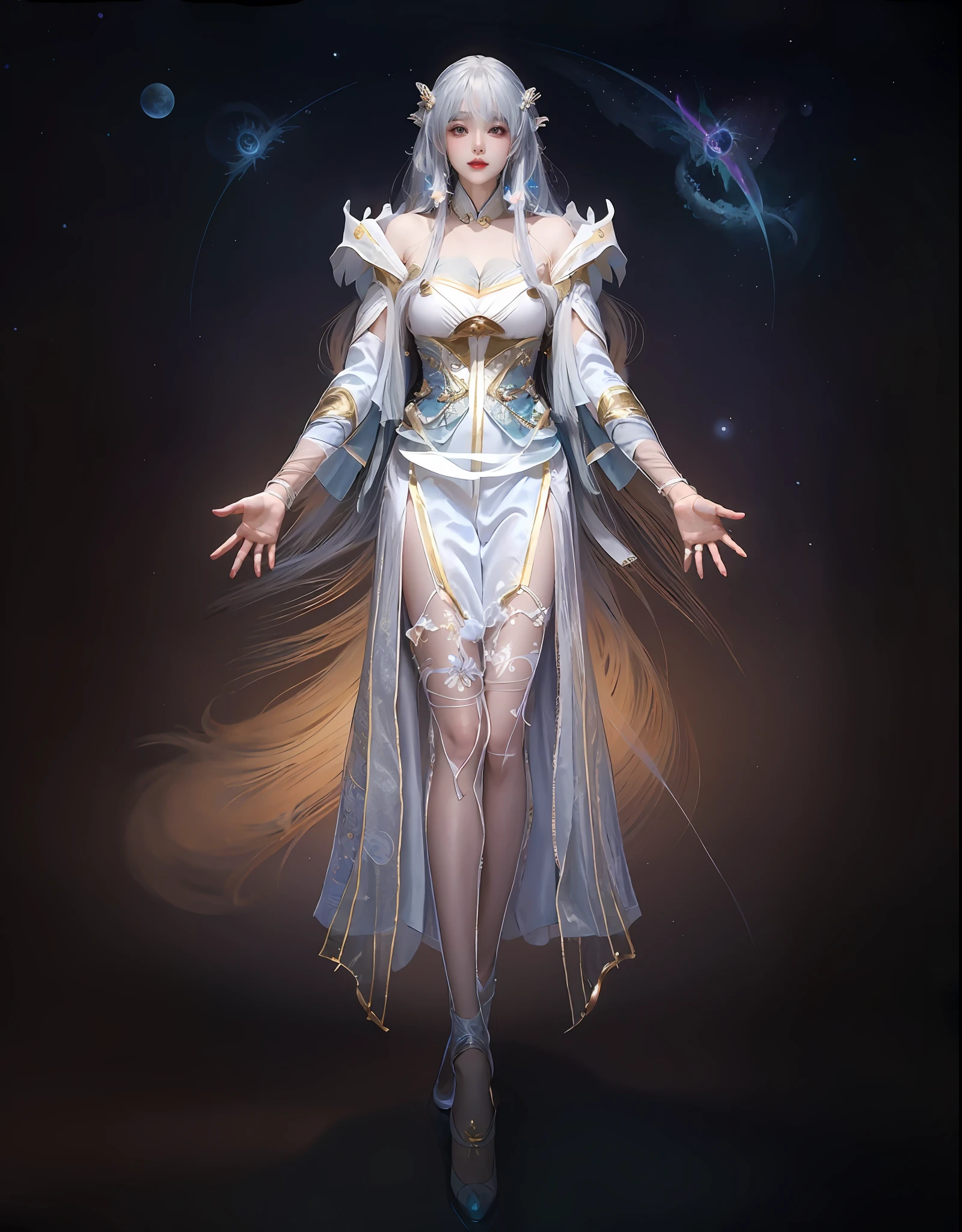 Close-up of a woman in costume on stage，full-body xianxia，beautiful celestial mage，Amazing young ethereal characters，a beautiful fantasy empress，astral witch clothes，shaxi，A flowing magic robe，white hanfu，xianxia fantasy，Beauty Delfin，Ethereal fantasy，Elegant and charming cosplay