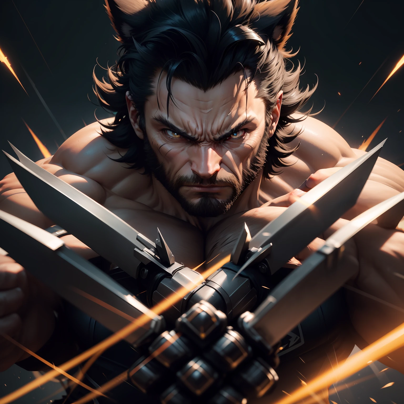 Dramatic Wolverine ready to fight with 30 centimeter long and Sharp metal claws sticking out from between fists, claws parallel and in the same direction as the head, and he has 4 claws each hand, lightning on the background, cinematic, extreem realistic, extreem detailed, extreem Sharp, middle close-up shot