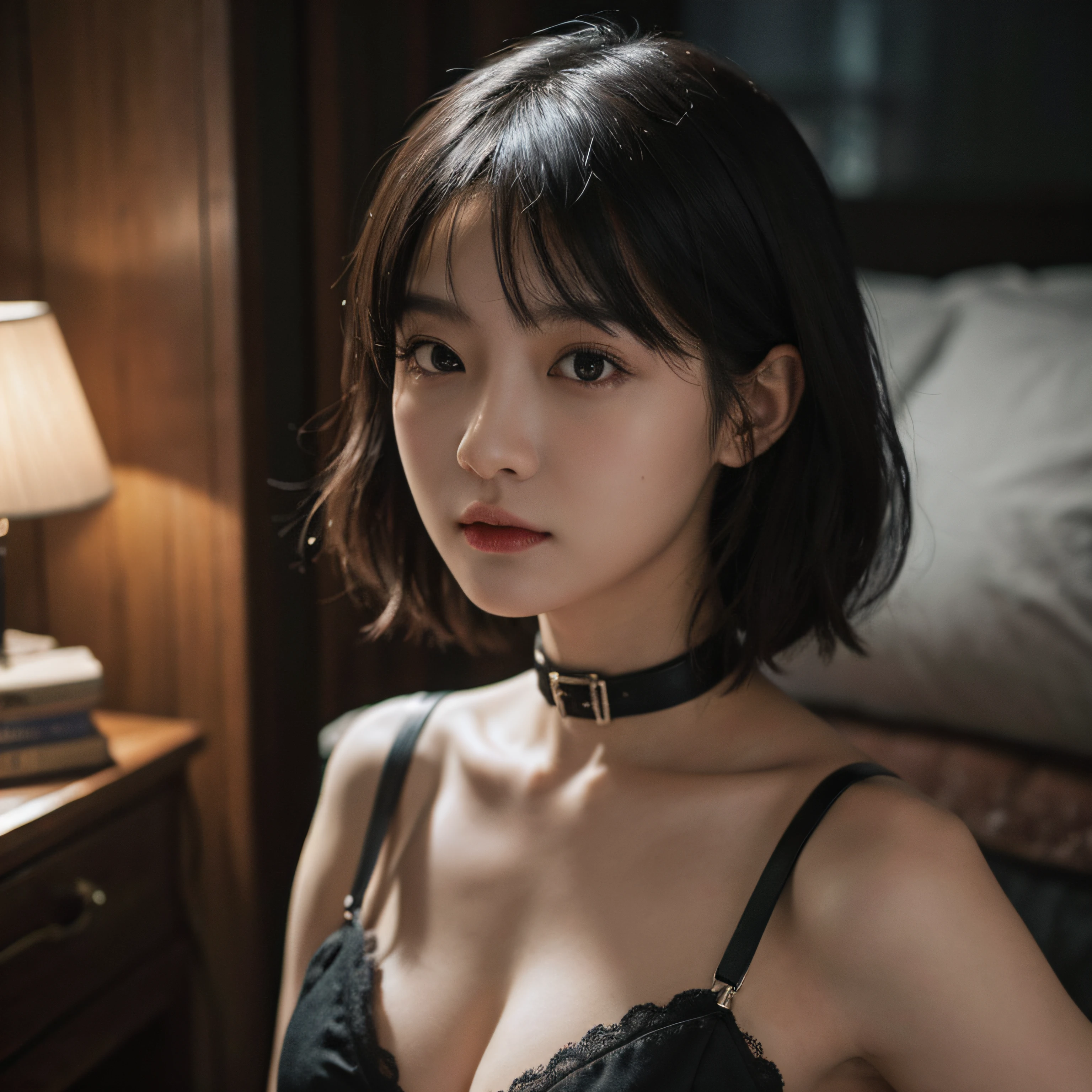 best qualtiy, tmasterpiece, 超高分辨率, (realisticlying:1.5), RAW photogr, 1girll, bshoulders, in the darkness nigth, deep shading, low tune, cold light, Sexy look, short detailed hair,rage face,BDSM,Slaves,rubbery,Black corset,shackle,collars,NSFW,((best qualtiy,8K,tmasterpiece:1.3))),Clear focus:1.2,(layer cut,The large:1.2),Beautiful Women in Perfect Figure:1.4,Moist body:1.5,Highly Detailed Face and Skin Textur,Detailed eyes,二重まぶた,
