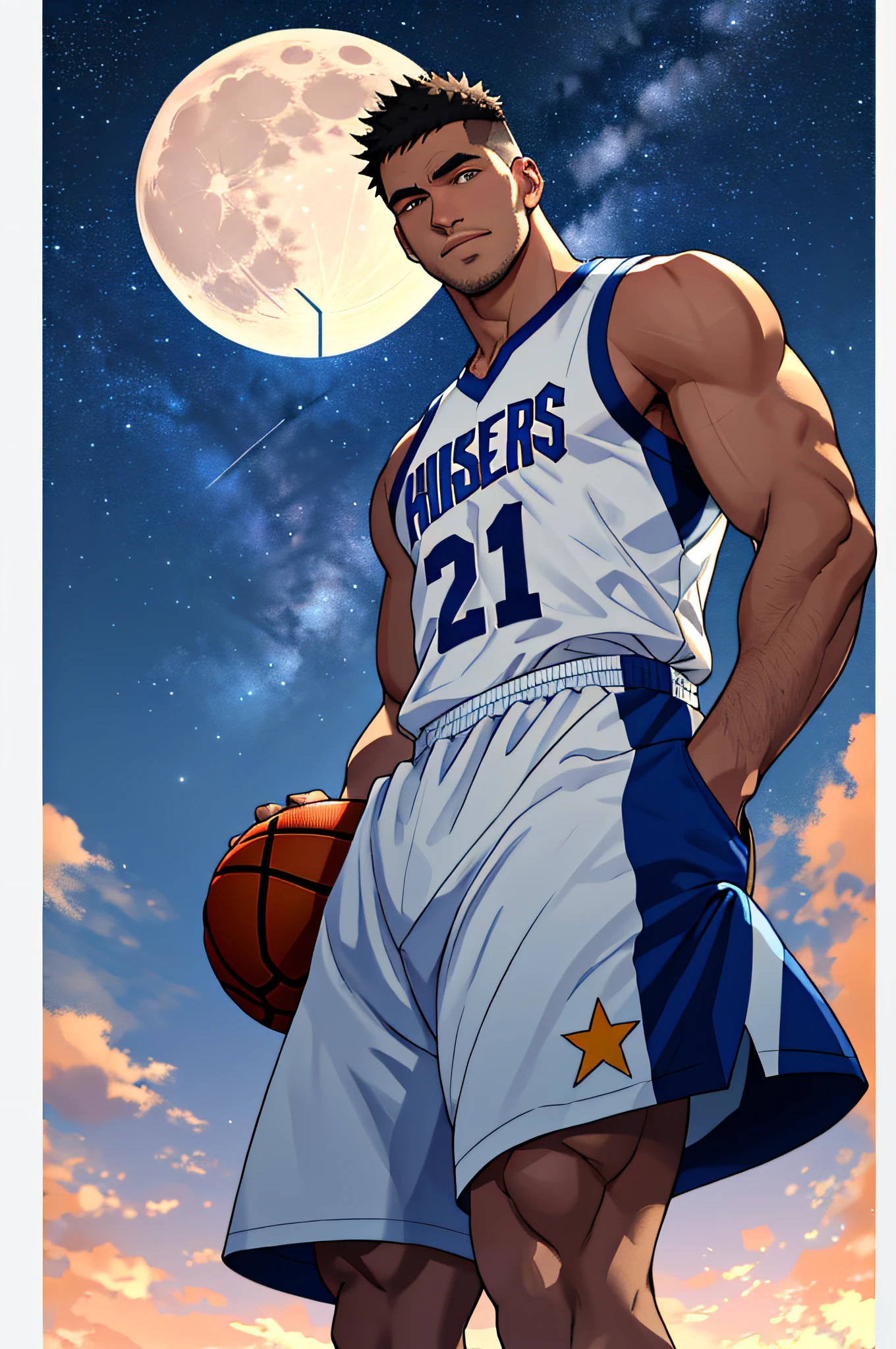 Draw a mature basketball player，Standing on the steppe at night，He wears a basketball uniform and basketball shoes，The man looks confident and determined，looking-down，Crew cut，full bodyesbian，Stars dot the sky，shooting from below，Big moon highlights background