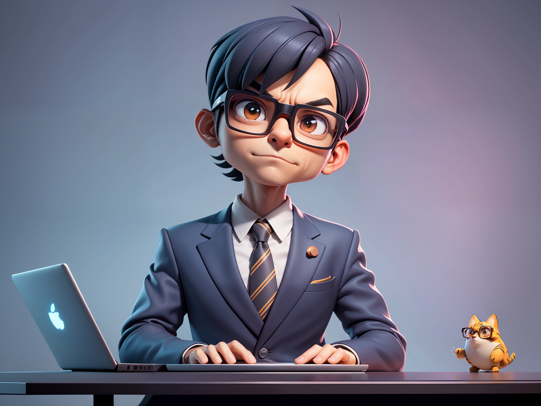 A young man in a suit, Short hair and glasses sat at his desk,holding laptop,digitial painting,tigre,3D character design by Mark Clairen and Pixar and Hayao Miyazaki and Akira Toriyama,4K HD illustration,Very detailed facial features and cartoon-style visuals。