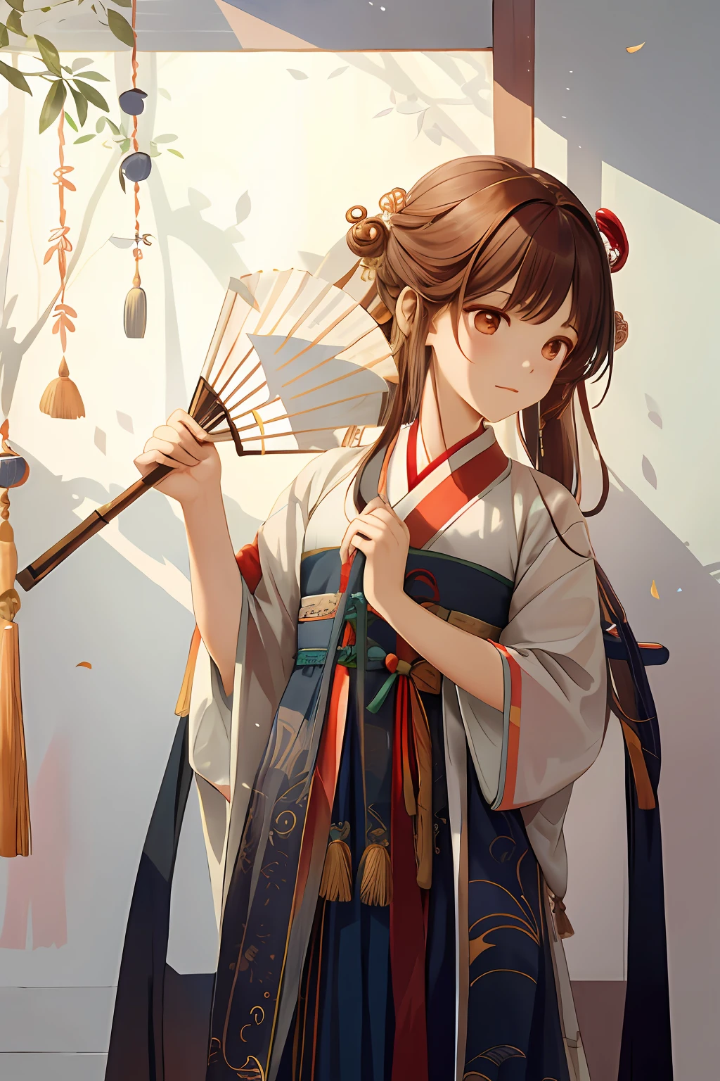 Hanfu girl holding a fan to block out the sun,There are shadows of windows on the walls, Palace, A girl in Hanfu, author:Shitao, By Yuumei, flowing hair and long robes, inspired by Ma Yuanyu, with acient chinese clothes, inspired by Lü Ji, Chinese traditional, flashy colors,Dappled light and shadow,(sad expressions)