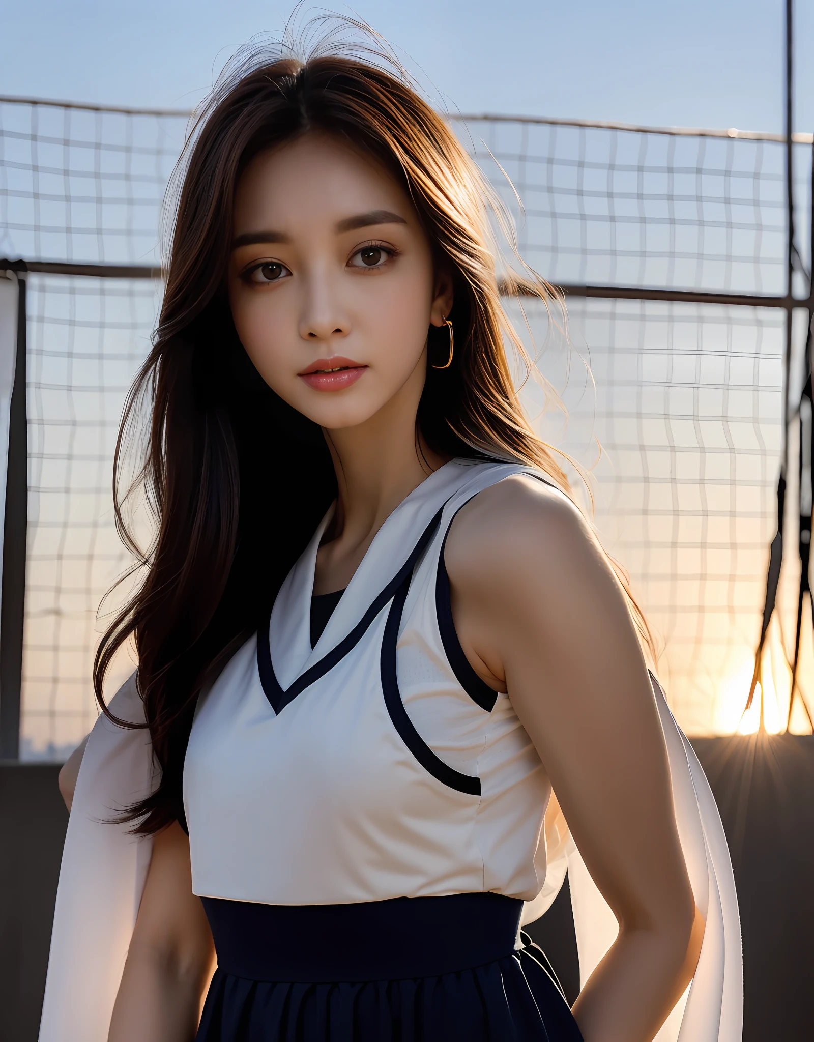 (8k, Best Quality, Masterpiece: 1.2), (Realistic, Photorealistic: 1.37), Super Detailed, Best Quality, Super High Resolution, Professional Lighting, Photon Mapping, Radiosity, Physically Based Rendering, Cinematic Lighting , basketball court, depth of field, focus, sun rays, good composition, (bokeh: 1.2), 1 girl, (whole body), (closed mouth), beautiful eyes, pose, constriction, basketball uniform, black hair , messy hair, long hair blowing in the wind,(ulzzang-6500:1.2) mix4, hiqcgbody
