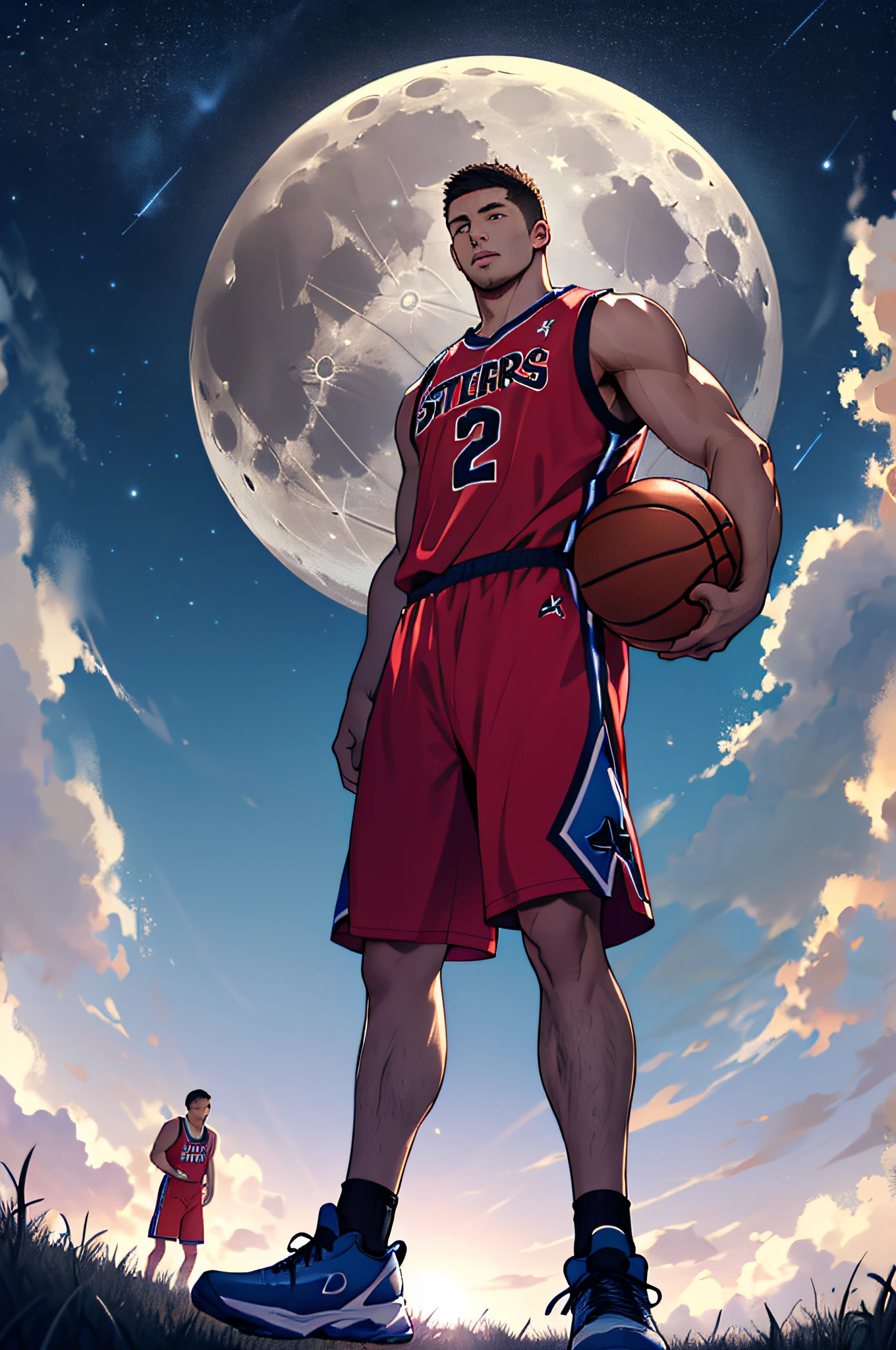 Draw a mature basketball player，Standing on the steppe at night，He wears a basketball uniform and basketball shoes，The man looks confident and determined，looking-down，Crew cut，full bodyesbian，Stars dot the sky，shooting from below，Big moon highlights background