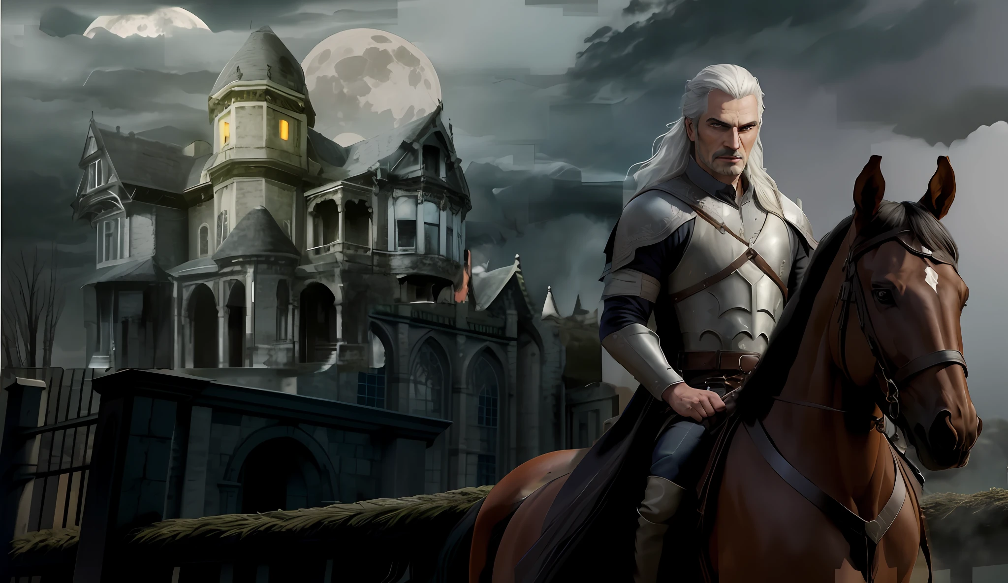 There's a man with a lot of time, flowing hair on a horse in front of a haunted castle and a huge moon (noite tempestuosa), Lush moon behind the castle, clouds charged in the sky, Onset of the cyclone, Clima sombrio, Mystery in the air, 3D render e tinta escura, inspirado em Andor Basch, Ultra realista, Crisp matte paint, arte do jogo tinta escura, tinta escura", tinta escura", tinta escura, majestosa tinta escura, 2 d cg | | |, arte de fundo, tinta escura requintada, Witcher)), Mario como The Witcher, foto de retrato de tinta escura