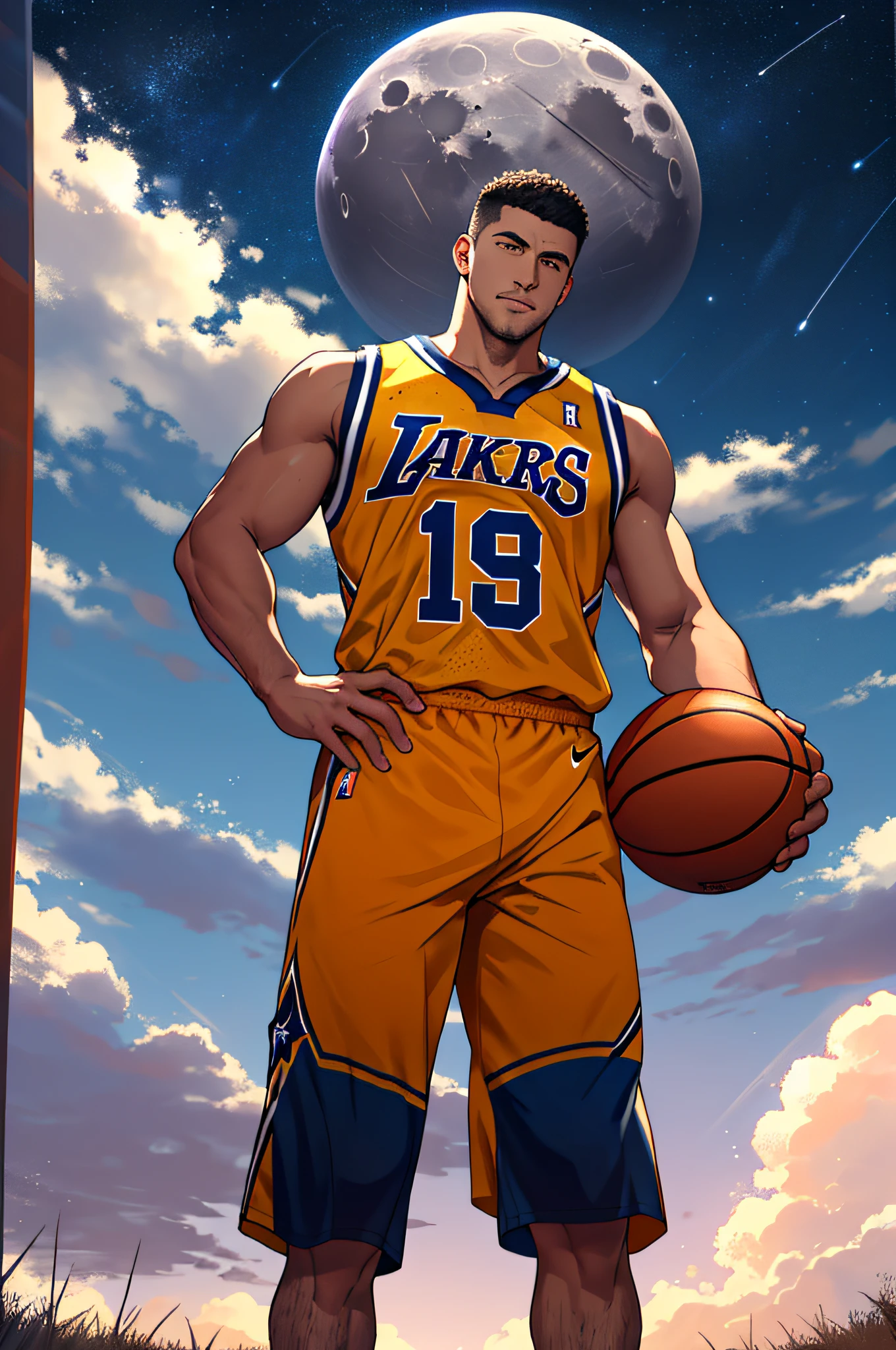 Draw a mature basketball player,Standing on the steppe at night,He wears a basketball uniform and basketball shoes,The man looks confident and determined,looking-down,Crew cut,full bodyesbian,Stars dot the sky,shooting from below,Big moon highlights background
