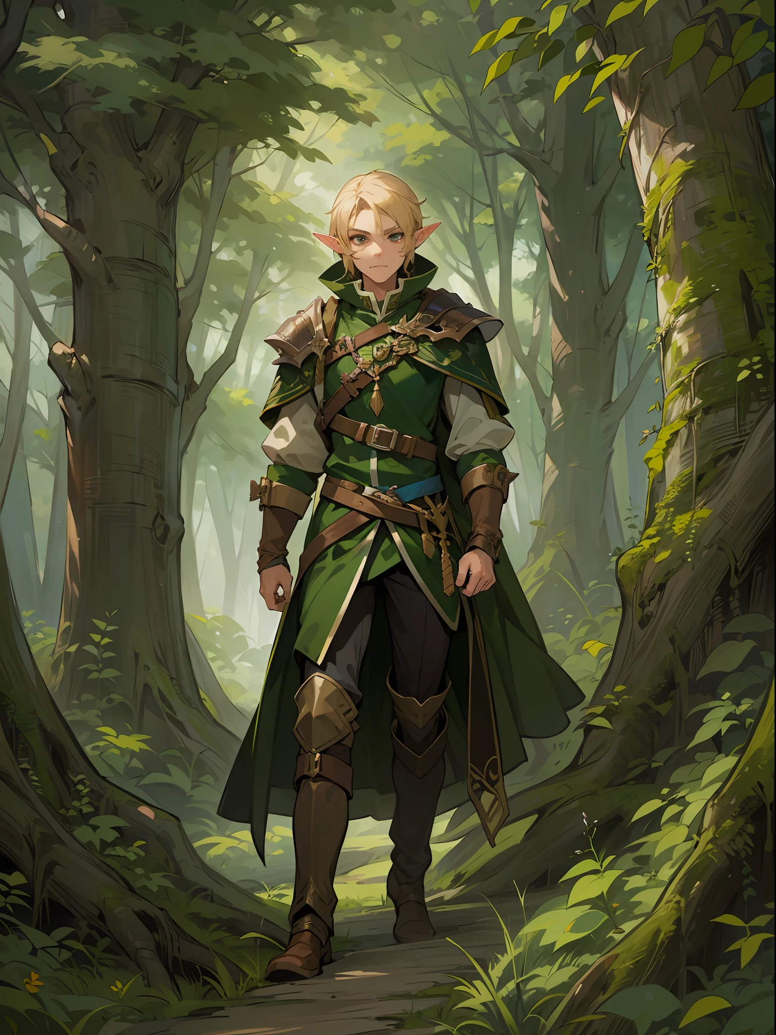 there is a man in a green and brown outfit walking through a forest, portrait of a forest mage, male elf ranger, a portrait of a male elf, a male elf, beautiful male elf, elven male, male blonde elf ranger, of an elden ring elf, male wood elf rogue, portrait of a young elf wizard, astri lohne, ((edgy face))