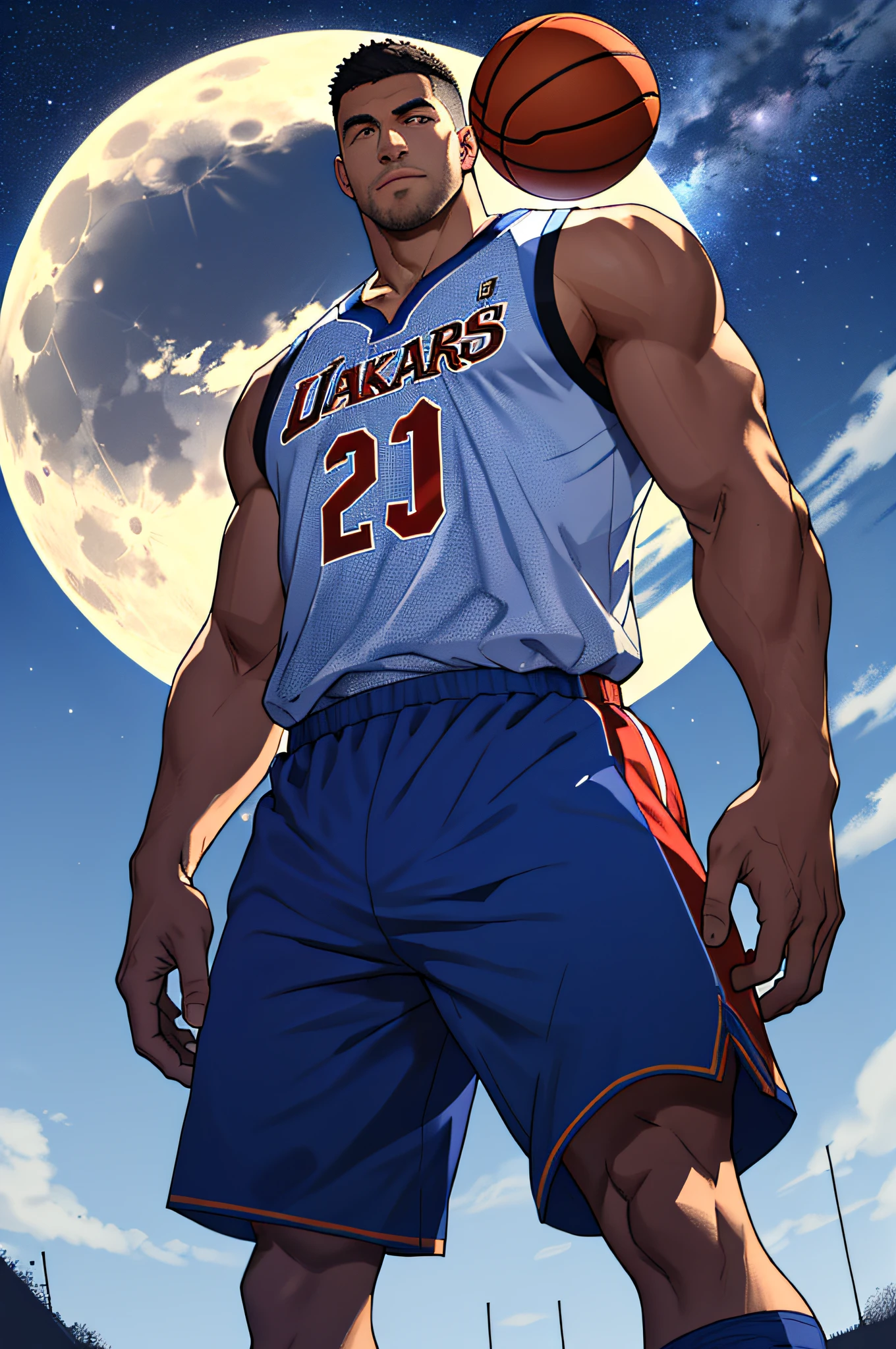 Draw a mature basketball player,Standing on the steppe at night,He wears a basketball uniform and basketball shoes,The man looks confident and determined,looking-down,Crew cut,full bodyesbian,Stars dot the sky,shooting from below,Big moon highlights background