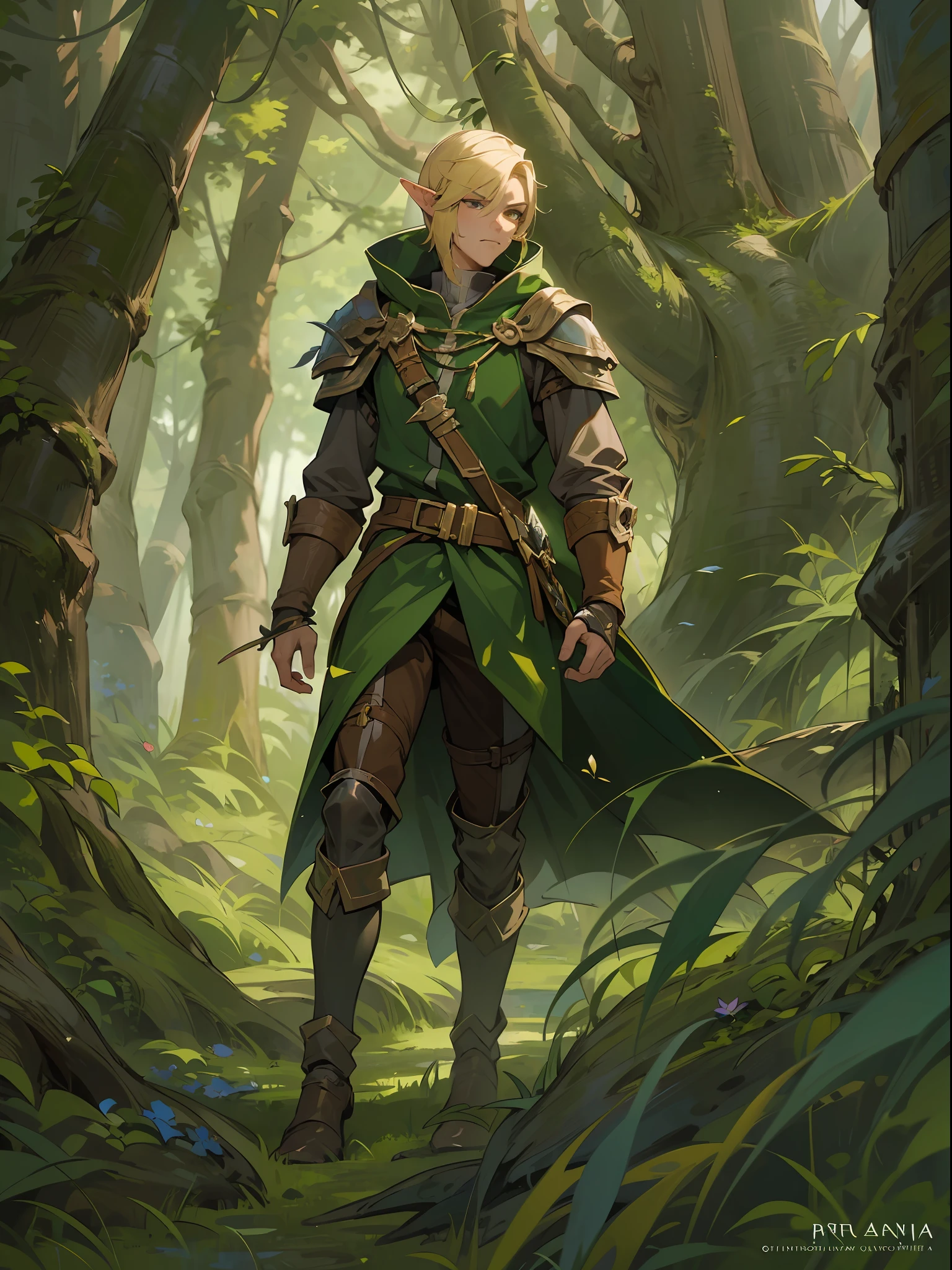 there is a man in a green and brown outfit walking through a forest, portrait of a forest mage, male elf ranger, a portrait of a male elf, a male elf, beautiful male elf, elven male, male blonde elf ranger, of an elden ring elf, male wood elf rogue, portrait of a young elf wizard, astri lohne, ((edgy face))