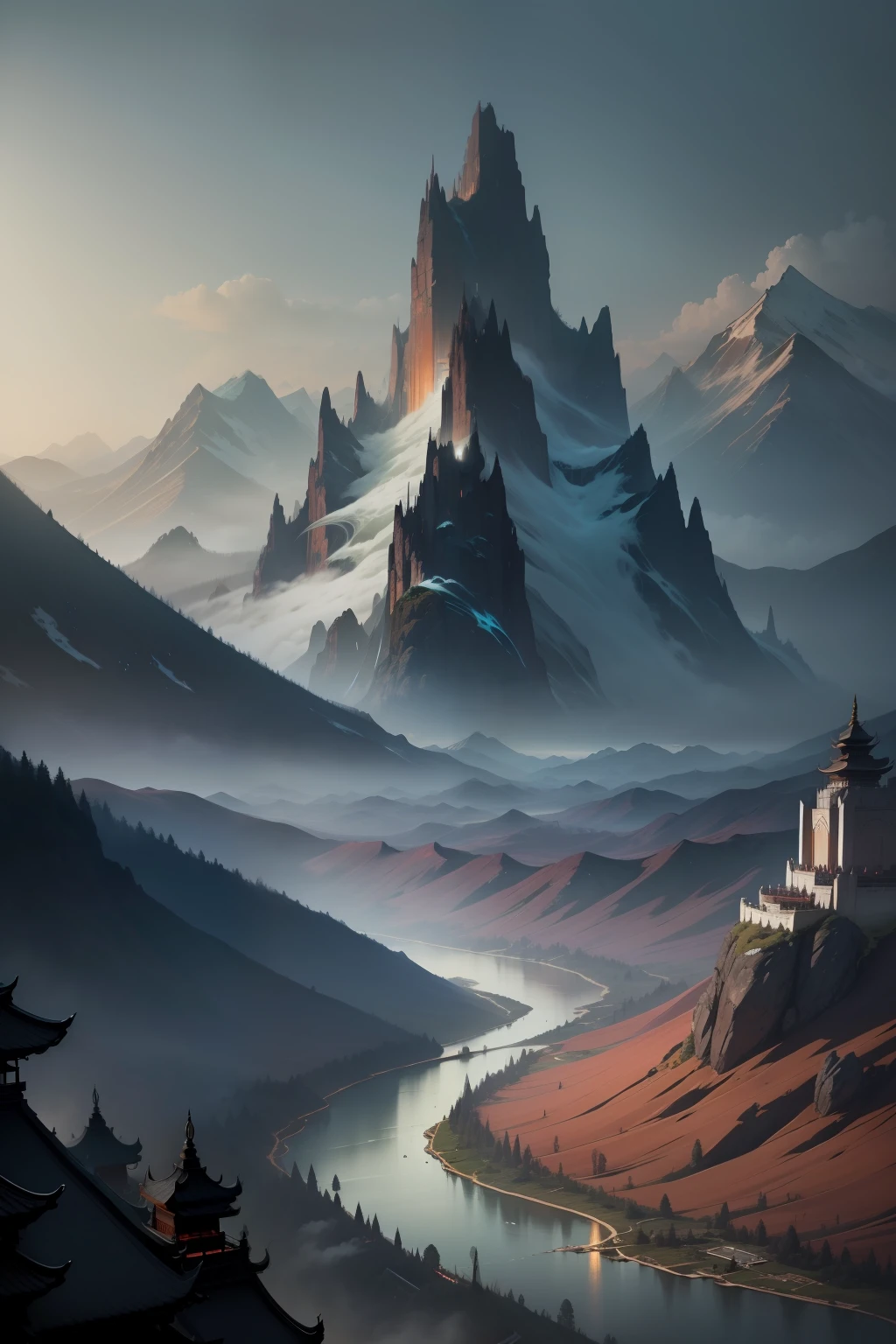 A magnificent illustration shows the eerie scene of the Rakshasa Kingdom。in the figure to,The Rakshasa Kingdom is depicted as a mysterious place of geography,In the distance are blue mountains,There were black clouds in the sky。At the foot of the mountain is a vast wilderness,The bones are everywhere, and there is a large river that winds and winds along the way。Pastel tones are used throughout the frame,Creates a spooky atmosphere。The mountains in the background fade away from their dark colors,Added a sense of distance and mystery,It shows the feeling that the Rakshasa kingdom is out of reach。In the whole picture,The Rakshasa Kingdom is depicted as a gloomy place,It's scary。