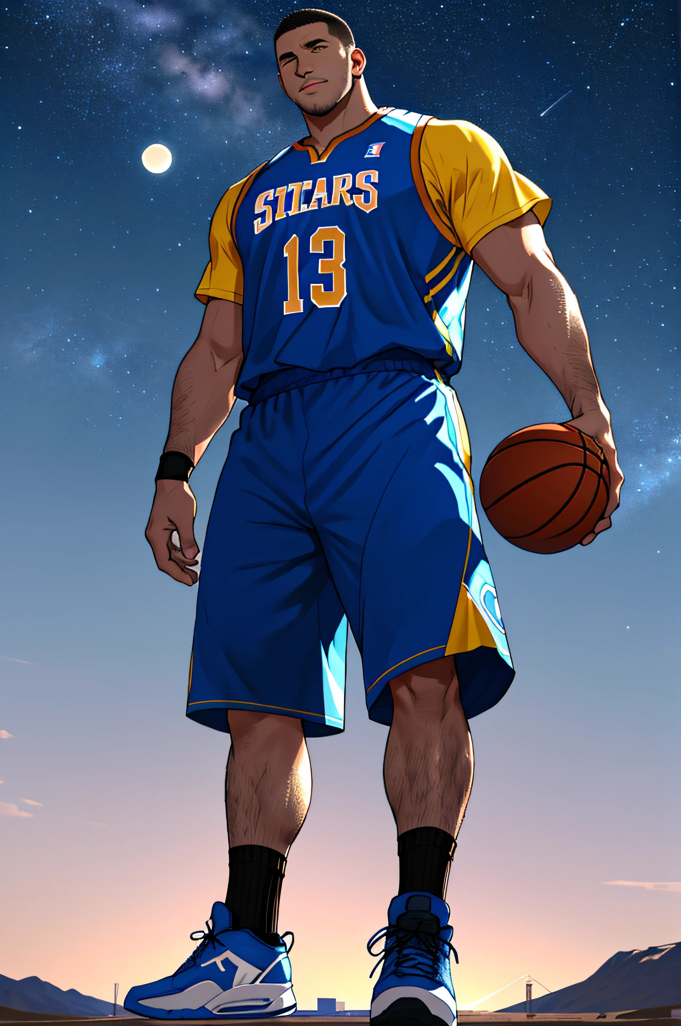 Draw a mature basketball player,Standing on the steppe at night,He wears a basketball uniform and basketball shoes,The man looks confident and determined,looking-down,Crew cut,full bodyesbian,Stars dot the sky,shooting from below,Big moon highlights background