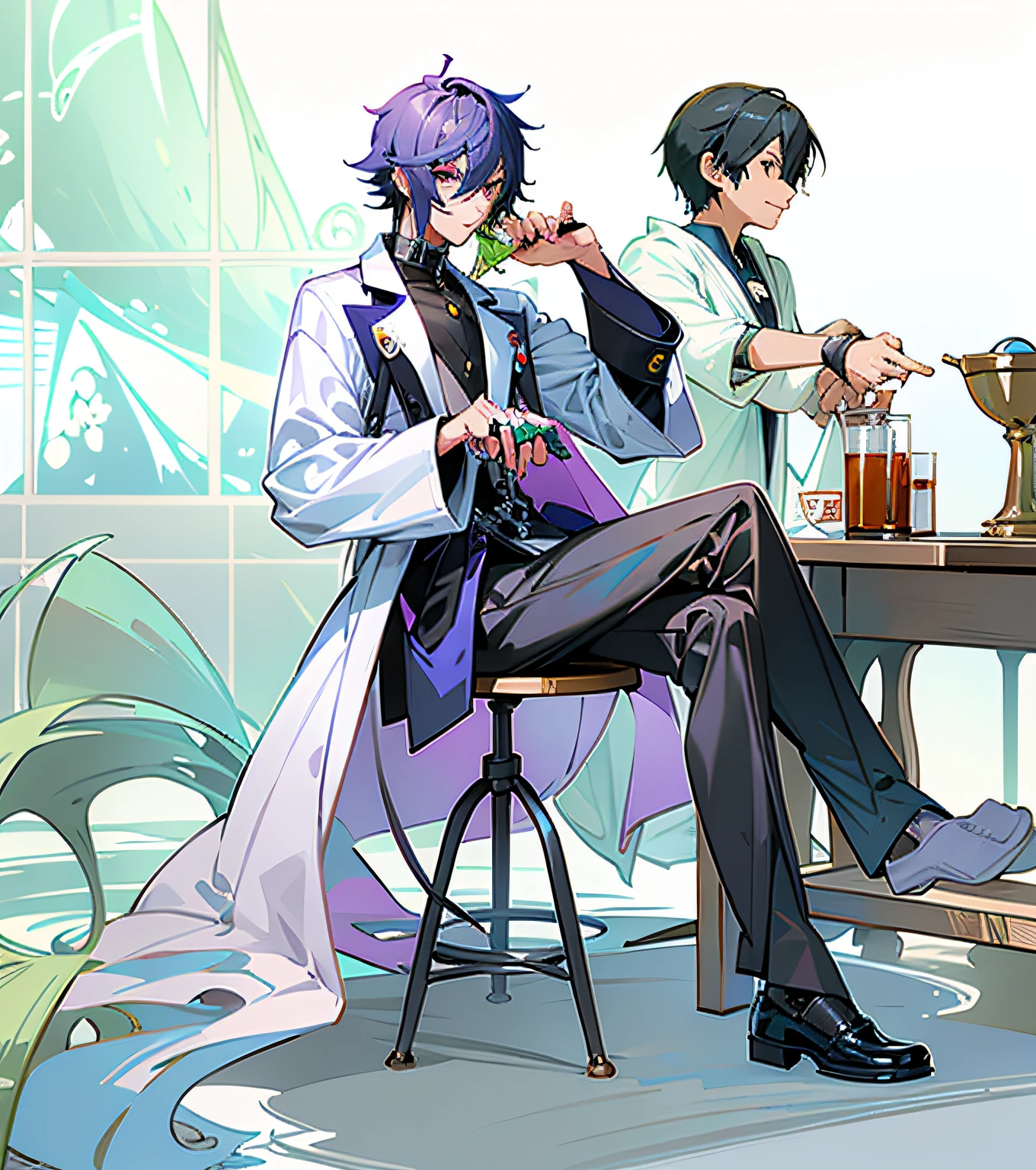 Anime characters sitting at tables drinking drinks and laptops, he is in a alchemist lab, thin young male alchemist, skinny male fantasy alchemist, handsome guy in demon killer art, shigenori soejima illustration, highly detailed exquisite fanart, official character illustration, thin male alchemist, skinny male fantasy scientist, inspirado em Okumura Masanobu