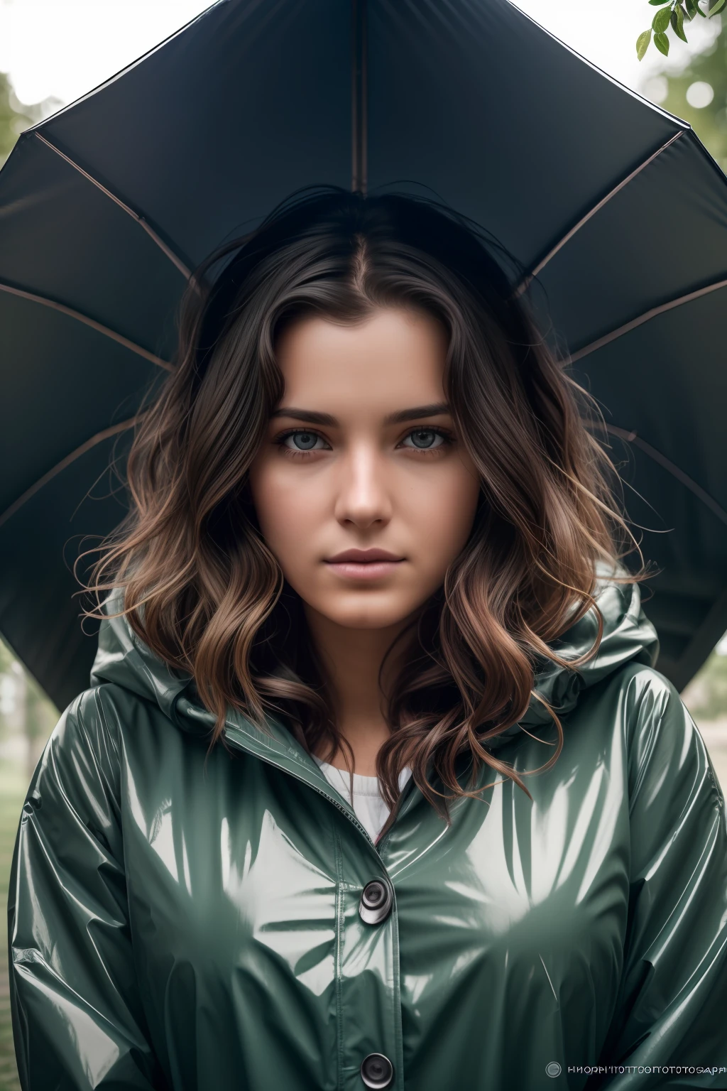 photography of a girl, wearing a large raincoat, heavy bust 36DD, wavy hair, sitting under a shelter roof, hiding from heavy rain, looks into the camera, symmetrical eyes, symmetrical face, photorealistic, photography, path tracing, specular lighting, volumetric face light, path traced hair, visible shadows, intricate, elaborate