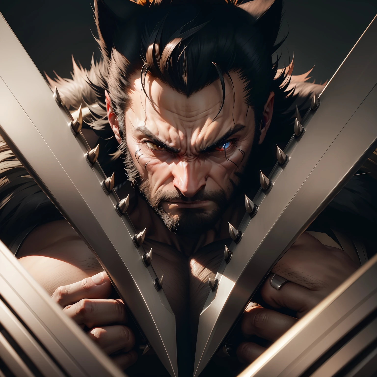 Dramatic Wolverine with 30 centimeter  long and Sharp metal claws sticking out from between fists,claws parallel and in the same direction as the head, cinematic, extreem realistic, extreem detailed, extreem Sharp, middle close-up shot
