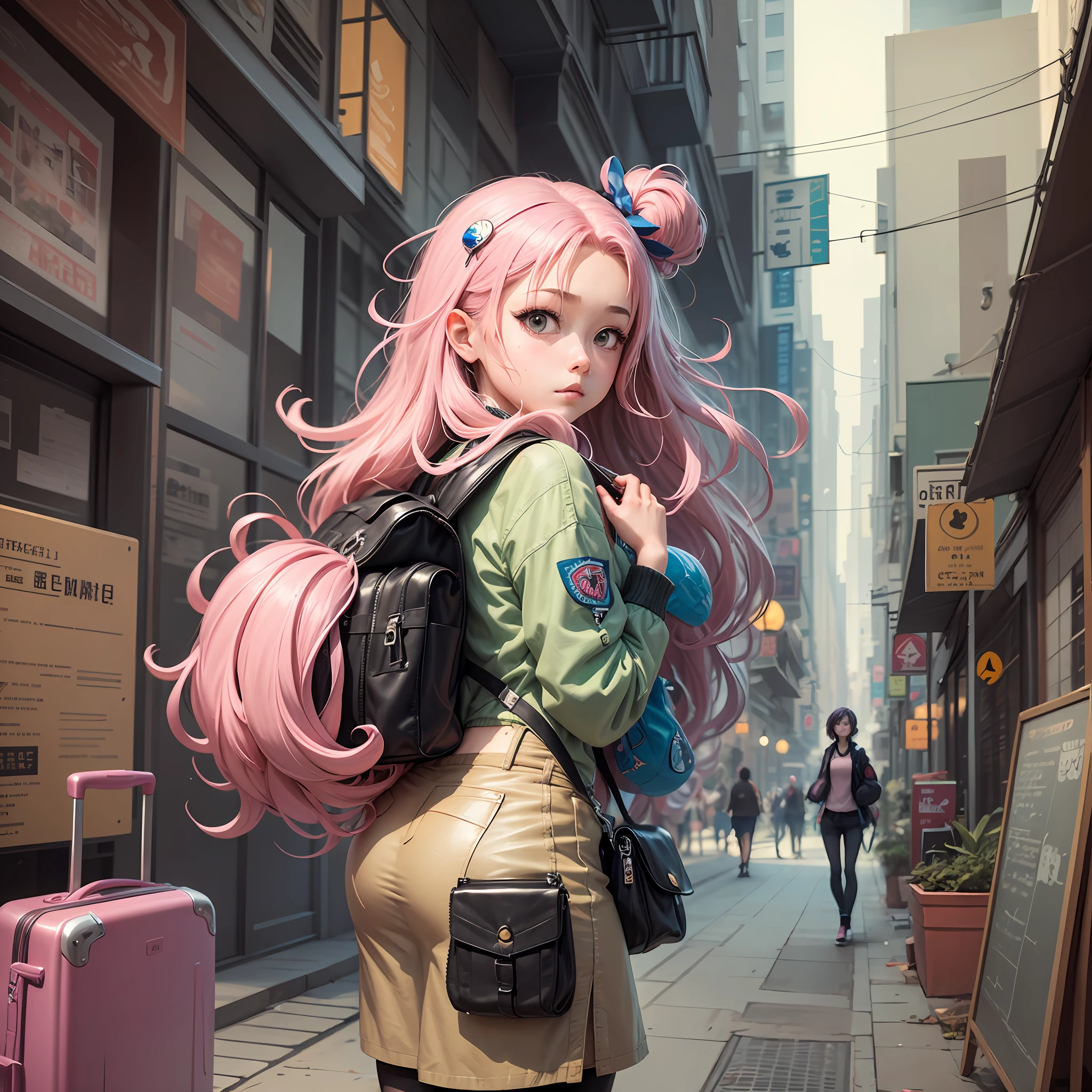 a figurine of a girl with a backpack on her back, a character portrait, by Loic Zimmerman, featured on cgsociety, new sculpture, long flowing pink hair, skottie young, uwu hi-fructose, art style of noel coypel, luggage, unknown artstyle, trending on artstion, very very very beautiful art, kazuki takahashi --auto --s2