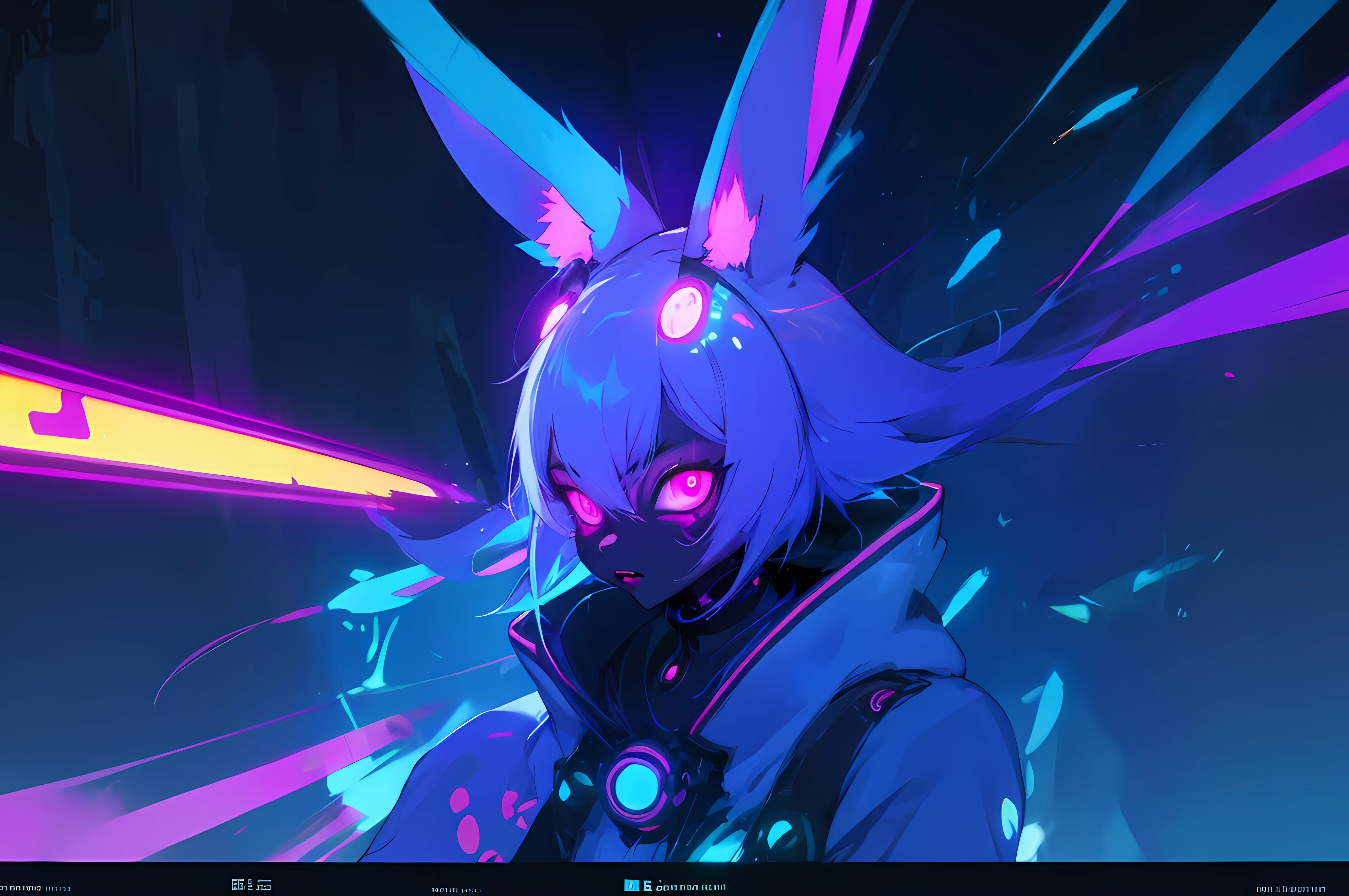 (vintage vhs), (crt screenshot), (Zen, Amy Sol style), (((blue anthro kemono furry rabbit))), underground cavern shining flashlight in old ruins, scene from a show about a blue anthro furry kemono rabbit who investigates deep space crime, (vast decrepit scenery:1.2) blame! style, nightmarish illustration, glowing eyes everywhere, intense eye contact, hybrid human / anthro, electrixbunny, rabbit anthro portrait, ((portrait)), bunnypunk, weirdcore voidpunk fursona, wearing bunny ears, cover art with light abstraction, abstract, simple vector art, contemporary Cybernetic art, color gradients, soft color palettes, layered forms, whimsical animation, style Ethereal abstract, 4K, , anime character with futuristic hair and glowing eyes in a dark room, digital cyberpunk anime art, anime style 4 k, digital cyberpunk - anime art, anime mecha aesthetic, digital cyberpunk anime!!, anime cyberpunk art, fully robotic!! catgirl, hyper concept art, cyberpunk anime girl mech, portrait anime space cadet girl, wearing cybernetic bunny ears --v6