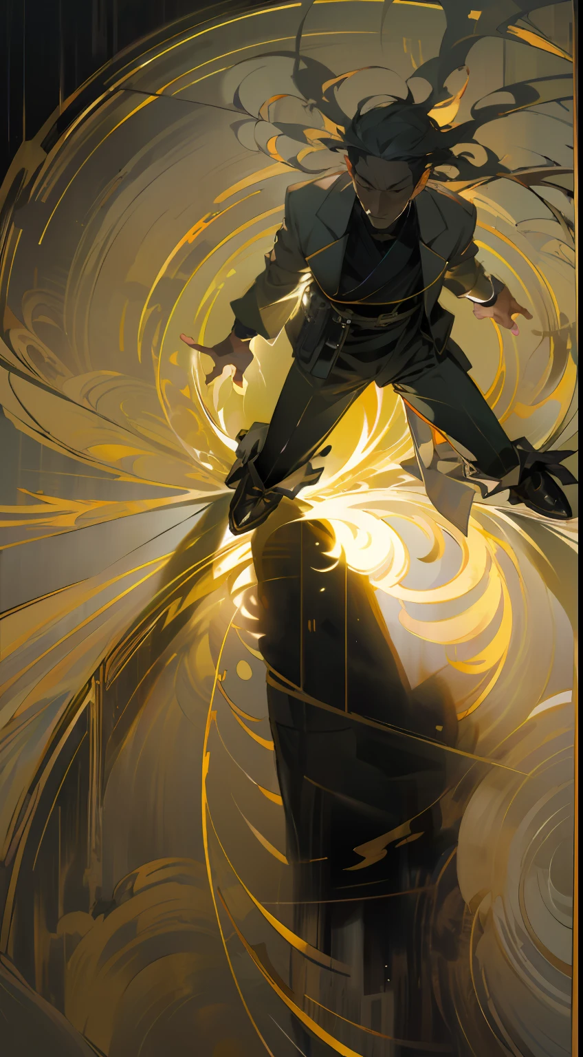 of a guy,facing at camera,(Pure black smoke wafts beneath your feet),The sun shines on the man from behind,(Reflect distorted shadows,Look down from above:1.5)