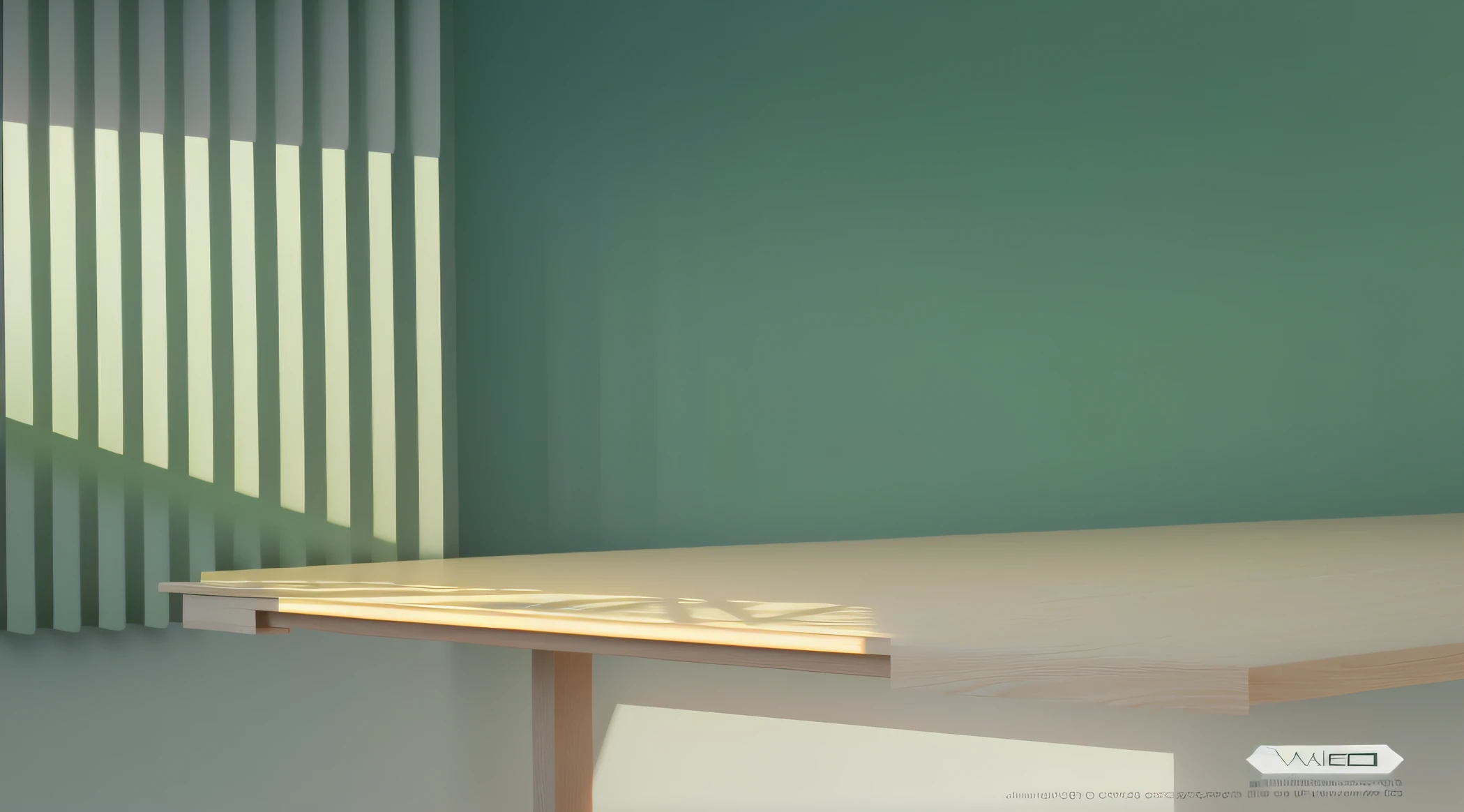 There is a wooden table，There is a green wall in the back, Volumetric midday lighting, Contrasting color light and shadow, Realistic afternoon lighting, fully rendered light to shadow, detailed archviz render, soft natural volumetric lighting, low angle dimetric rendering, vibrant volumetric natural light, muted colors with minimalism, inspired by Donald Judd, gradient and patterns wallpaper, raytraced shadows