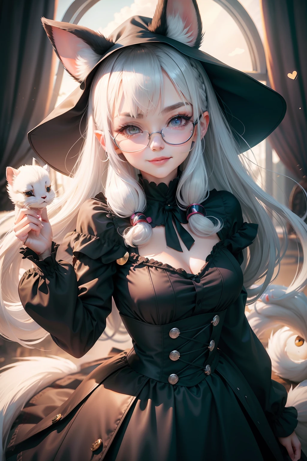 black hair, hair bobbles, wince, longeyelashes, solid circle eyes, fake animal ears, light smile, ear blush, fang, silver hair, curtained hair, heart-shaped eyewear, witch hat, eyeball, gradient eyes, ferret ears, kemonomimi mode, clenched teeth, closed mouth, Surrealism, stereogram, pov, atmospheric perspective, Hyperrealism, dithering, speed lines, 8k, best quality