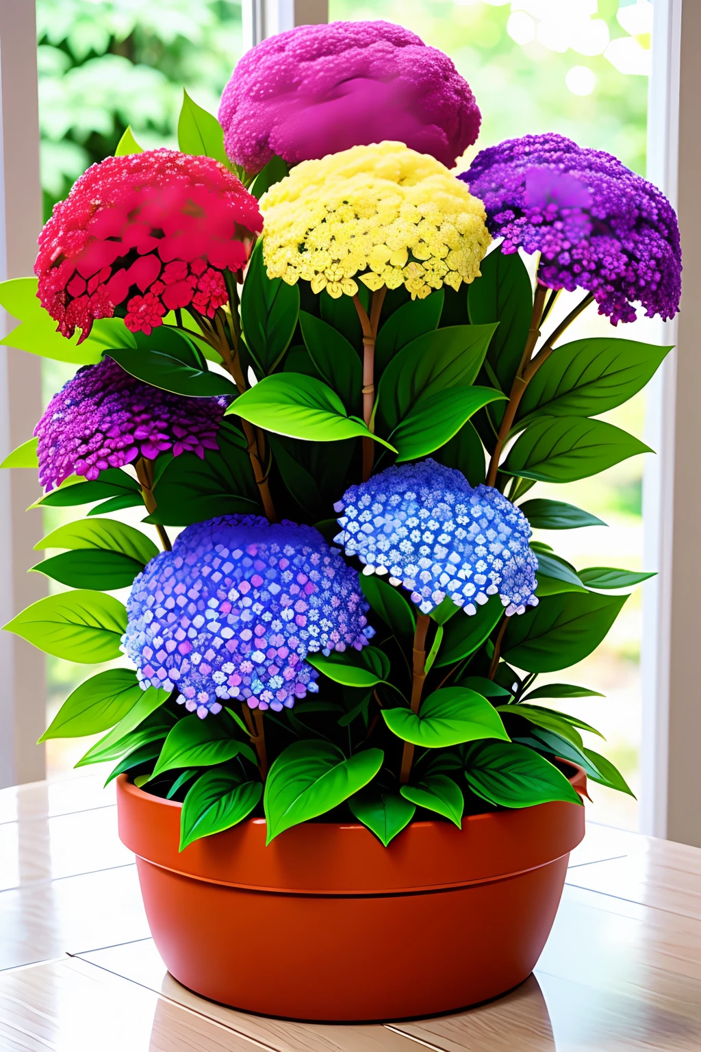 Clay flower tray，The flowers are colorful，magical colorful flowers，Colorful hydrangeas，brightly colored flowers，Colorful flowers and plants，By the window，The sun shines in，A lot of detail，high high quality，8k