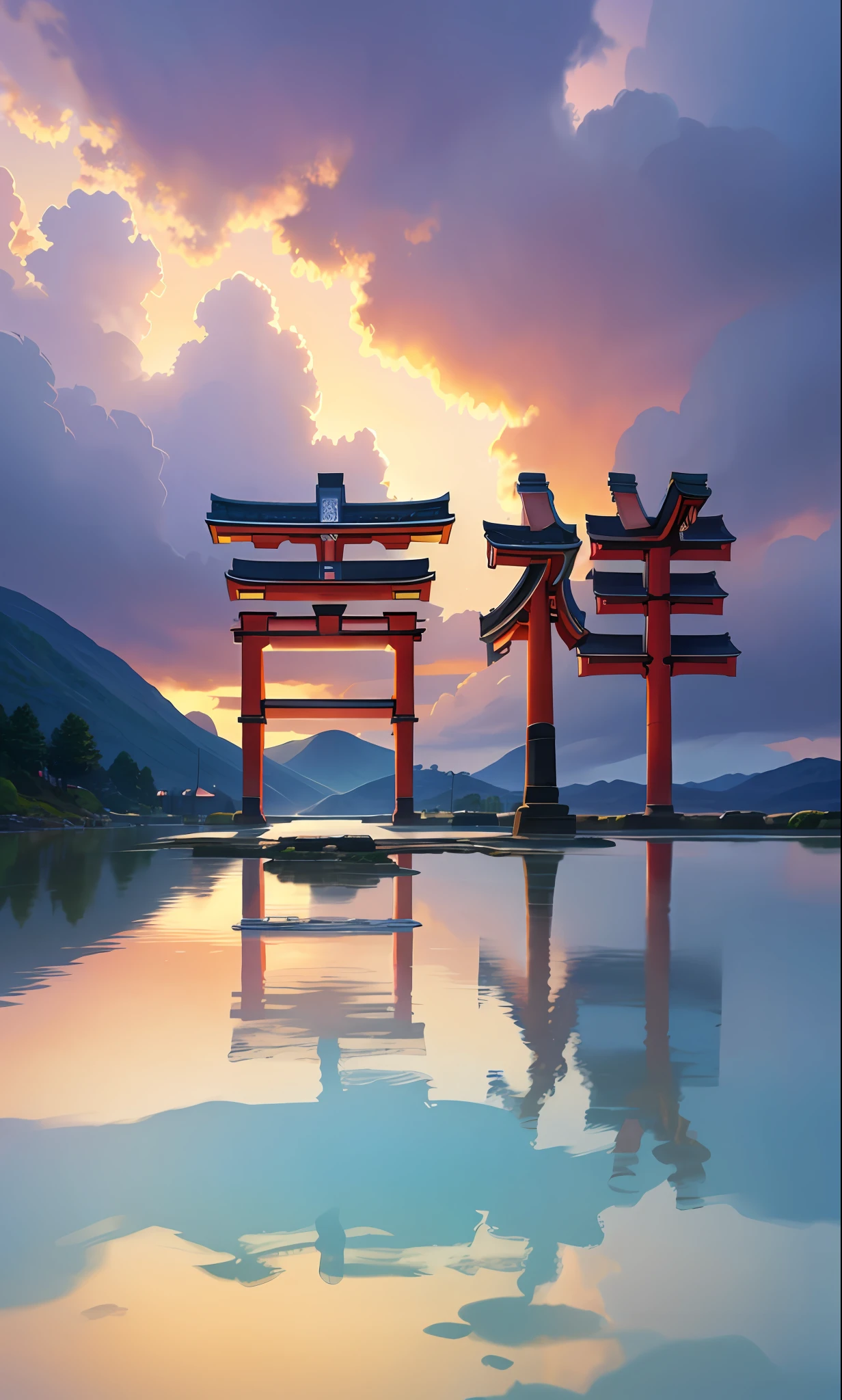 (masterpiece, top quality, best quality, official art, beautiful and aesthetic:1.2), extreme detailed,(fractal art:1.3),colorful,highest detailed in ultra detailed complex onsen, puddle, water, torii gate, japanese buildings,(best-quality:0.8), (best-quality:0.8), perfect anime illustration, BREAK steam