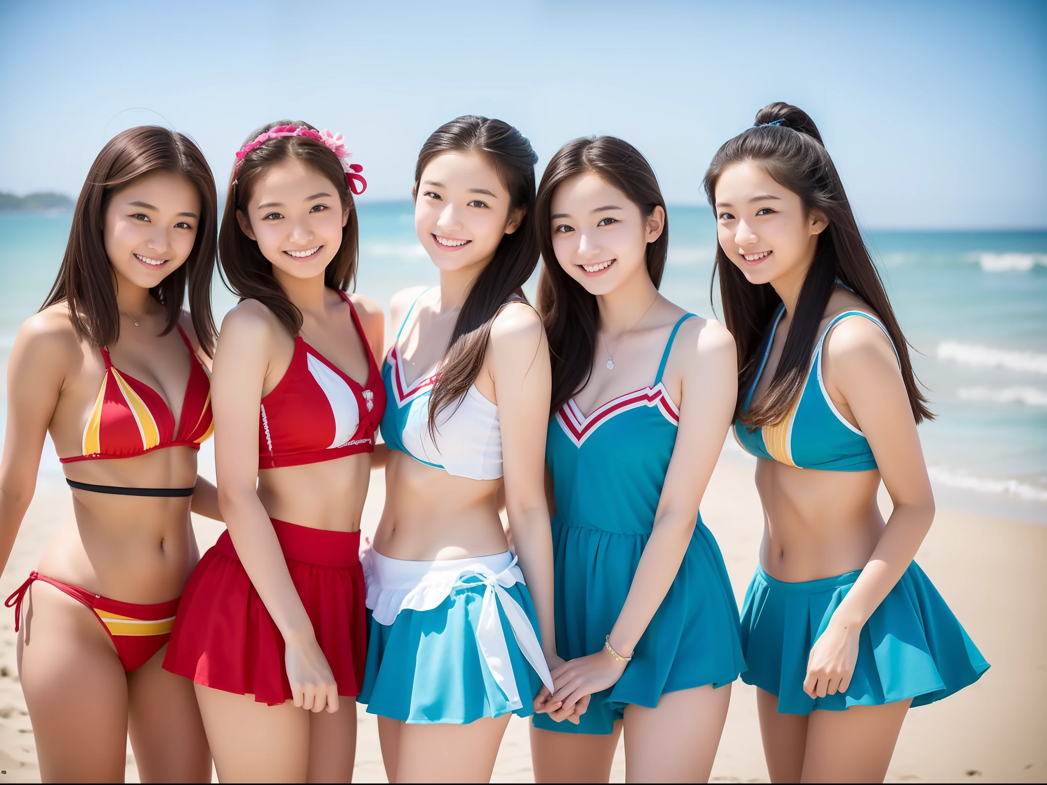 3 high school girls, a beauty girl, Idol Costumes,skinny, the beach、18year old、夏天、A smile、80mm lens