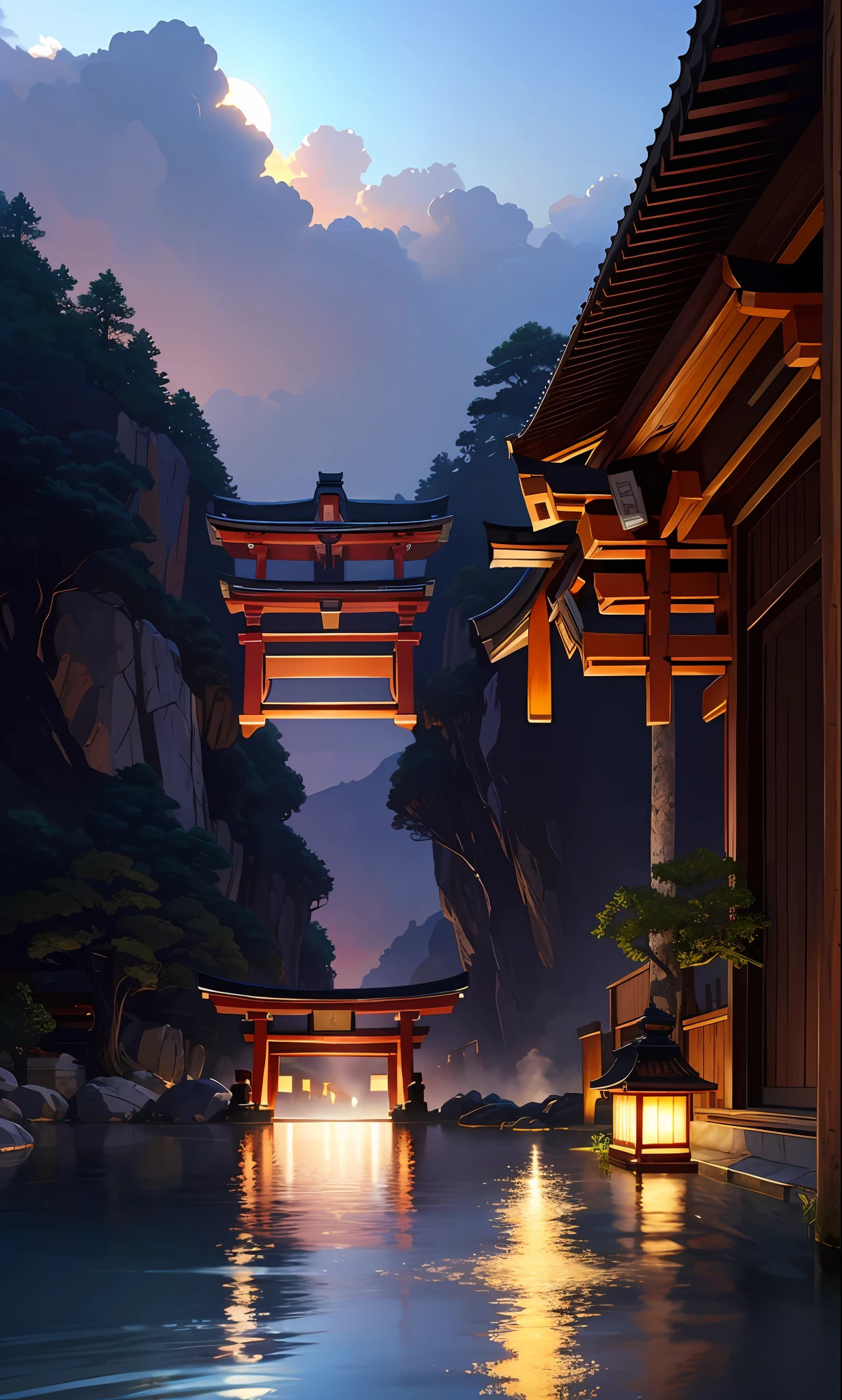 (masterpiece, top quality, best quality, official art, beautiful and aesthetic:1.2), extreme detailed,(fractal art:1.3),colorful,highest detailed in ultra detailed complex onsen, puddle, water, torii gate, japanese buildings,(best-quality:0.8), (best-quality:0.8), perfect anime illustration, BREAK steam