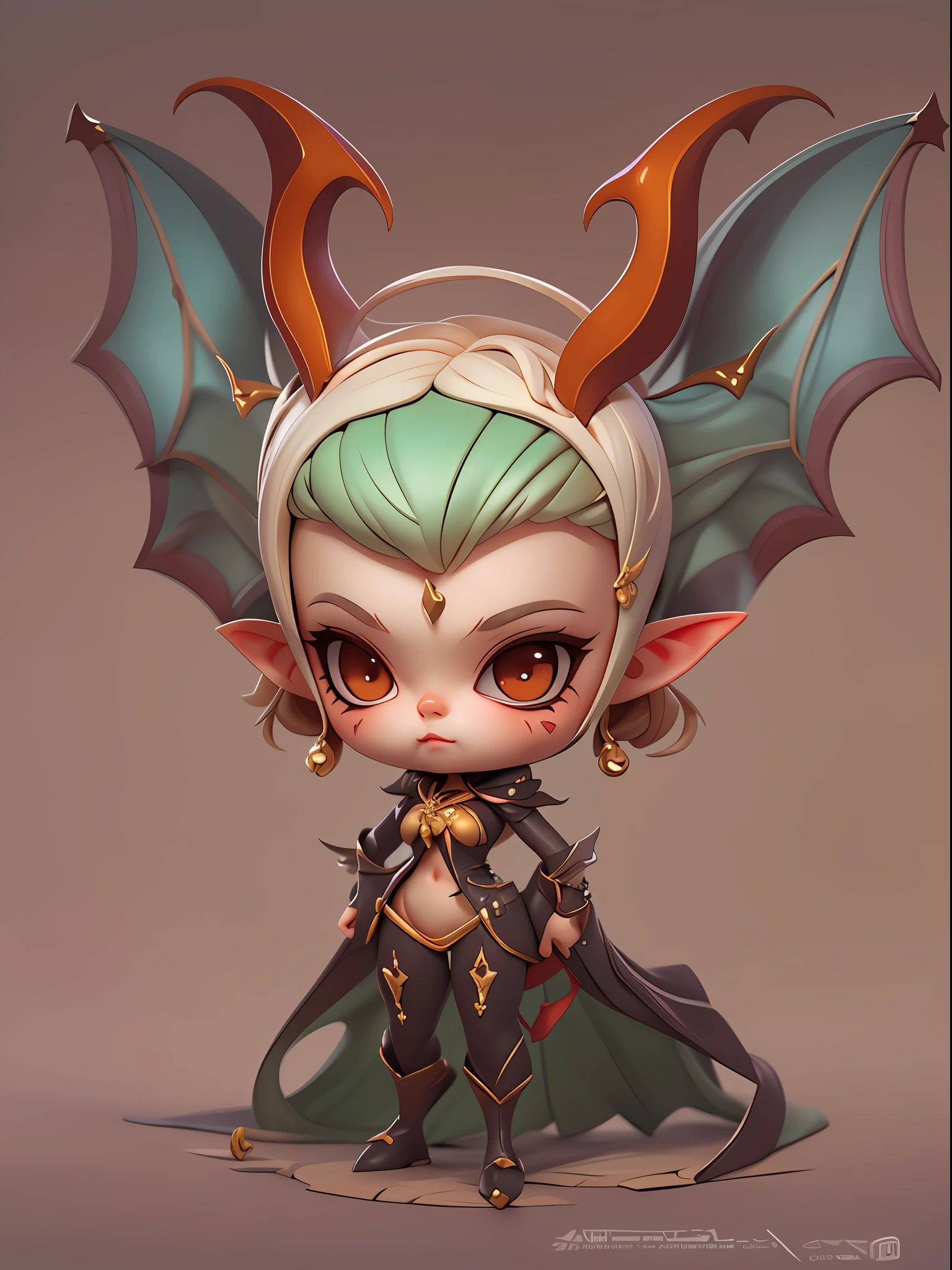 1 Beautiful female succubus（tchibi、big headed、redheadwear、Bat wings、slender figures）、Full body standing painting，Cute full body portrait，Thin leg，European and American cartoon Q version，Cartoony，medieval times，3Drenderingof，cinmatic lighting，Ray traching