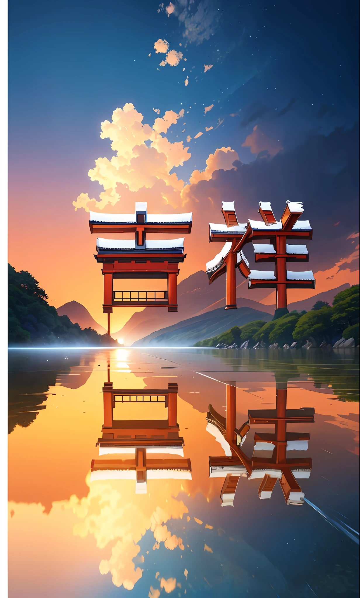 (masterpiece, top quality, best quality, official art, beautiful and aesthetic:1.2), extreme detailed,(fractal art:1.3),colorful,highest detailed in ultra detailed complex onsen, puddle, water, torii gate, japanese buildings,(best-quality:0.8), (best-quality:0.8), perfect anime illustration,  BREAK steam