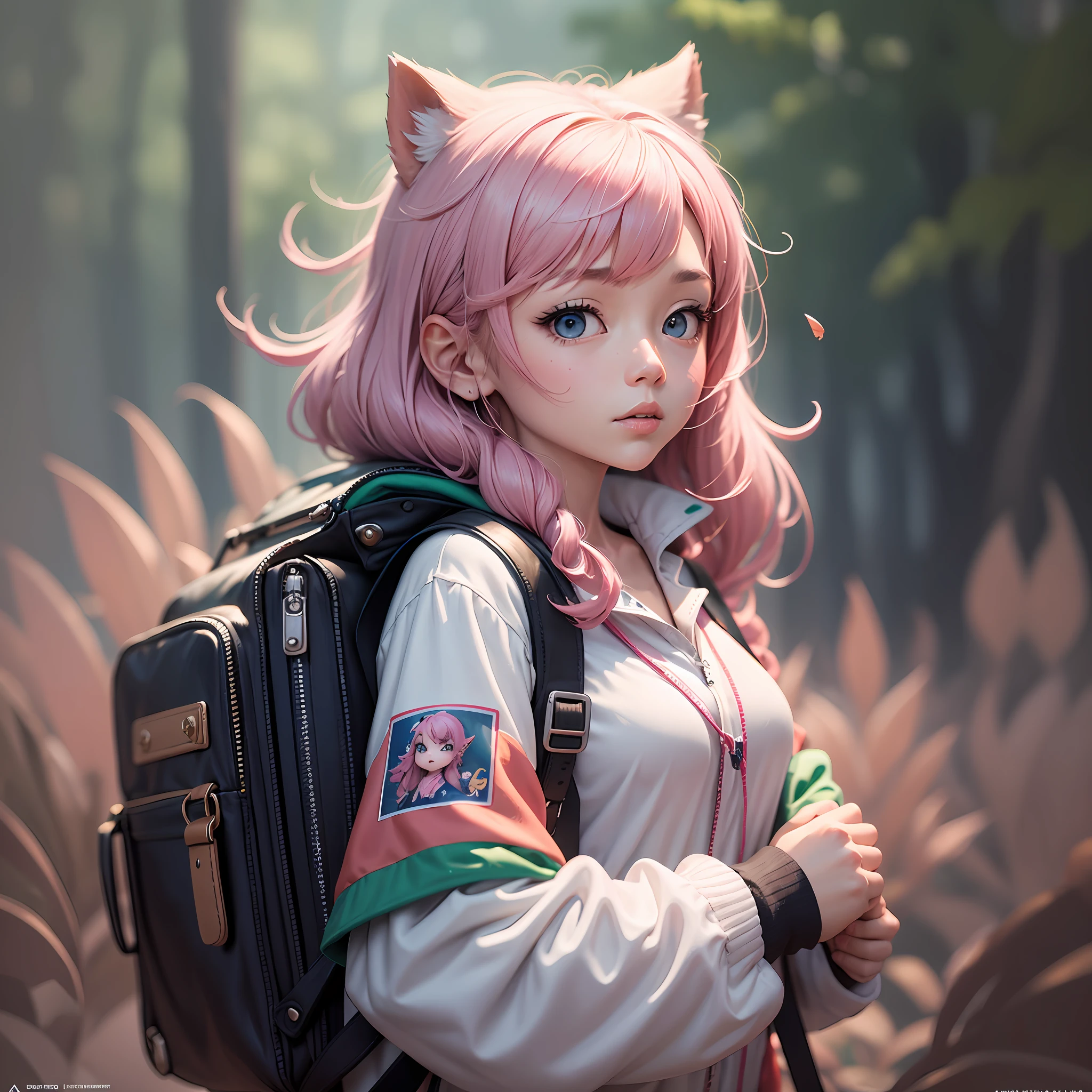 a figurine of a girl with a backpack on her back, a character portrait, by Loic Zimmerman, featured on cgsociety, new sculpture, long flowing pink hair, skottie young, uwu hi-fructose, art style of noel coypel, luggage, unknown artstyle, trending on artstion, very very very beautiful art, kazuki takahashi --auto --s2