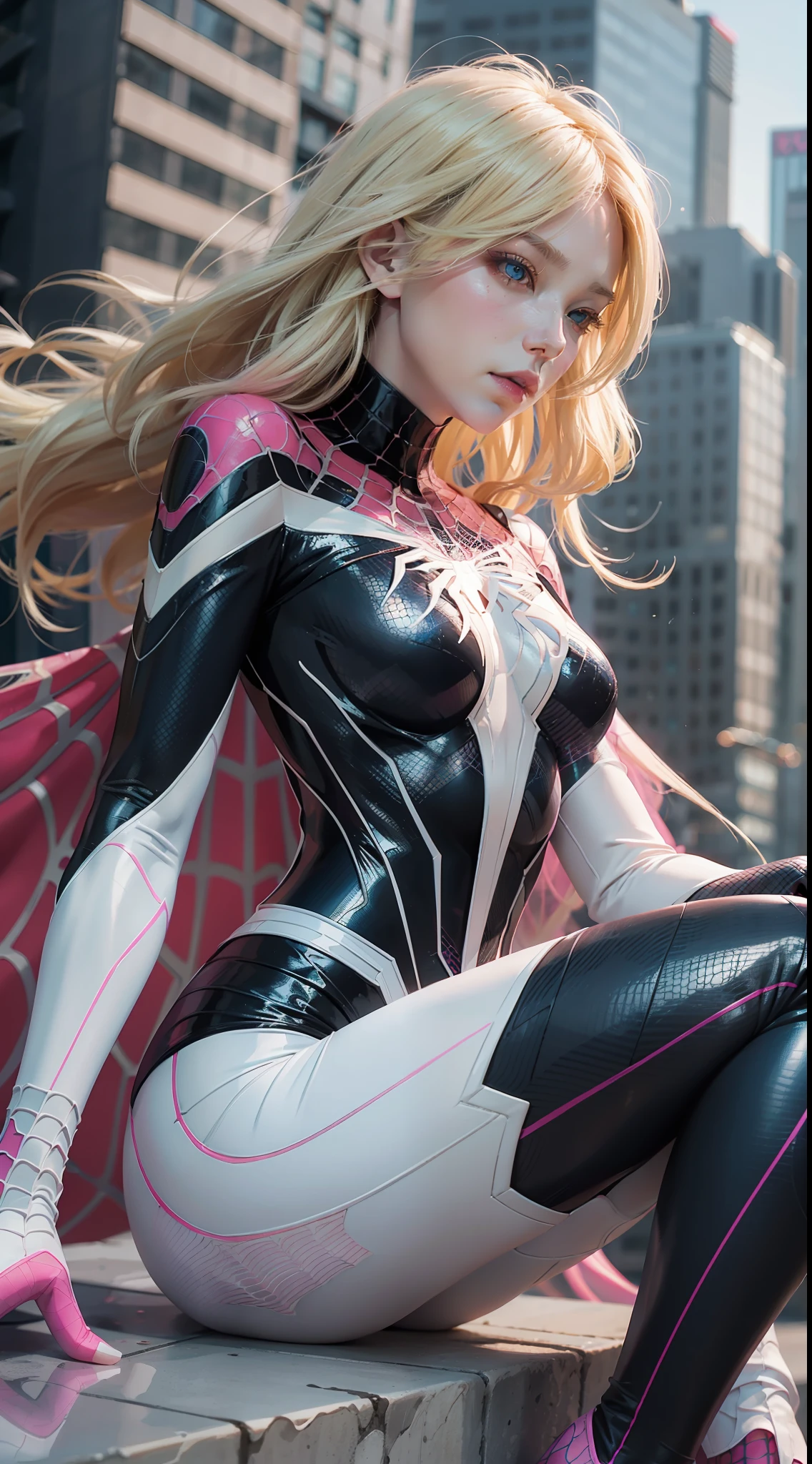 blond haired woman in a pink and white costume sitting on a ledge, ( ( spiderwoman ) ), cyber suit, gwen stacy, inspired by Yanjun Cheng, yanjun chengt, ross tran 8 k, realistic cosplay, spider - gwen, spider-gwen, spider gwen, cybersuit, futuristic style spiderman, perfect android girl, cybersuits