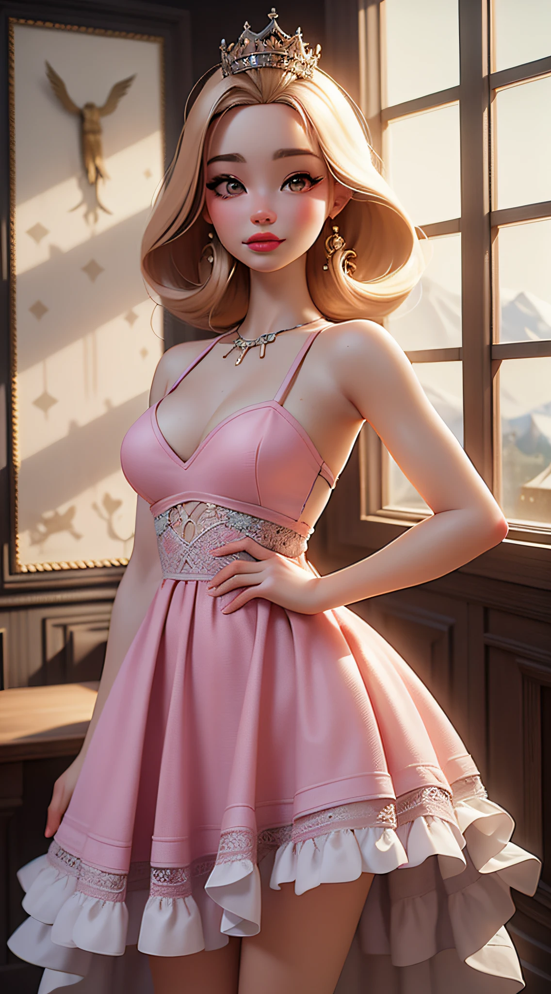 dynamic lighting, 3D model art, A Barbie princess wearing a lovely pink dress, bright,Natural Lighting,morning light,((barbie interior design)), borrowing elements from the scenic grandeur of National Geographic landscapes, beautiful scene is brought to life, by the talented Alec Soth, retina, anatomically correct, textured skin, award winning