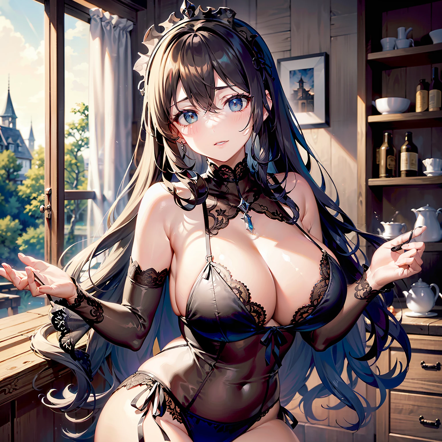 (medieval times),(Dark Gothic style),(中景 the scene is),(the night),(Country lodge)counter,(Village women),(Long curly brown hair),huge tit,The hostess was dressed(Made of black and white transparent material)Done(lace-pajamas),There is fluid flowing out from below,Look at me with a seductive expression