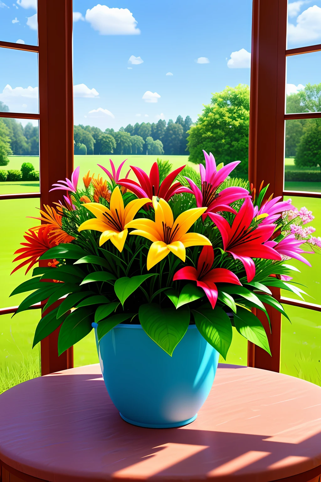 Clay flower tray,floral flowers colorful,magical colorful flowers,Colorful lilies,brightly colored flowers,Colorful flowers and plants,By the window,The sun shines in,A lot of detail,high high quality,8K