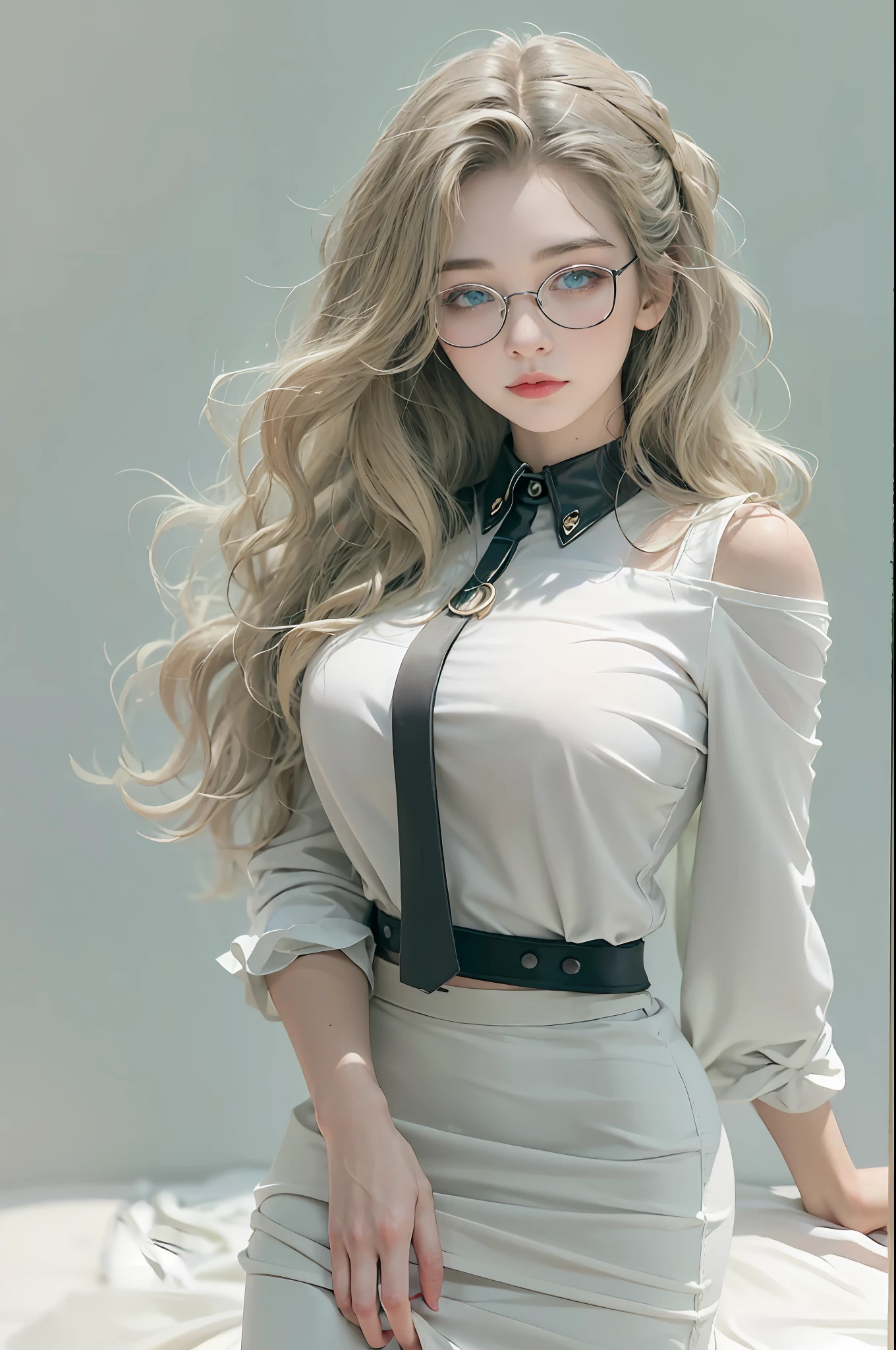 ((Realistic lighting, top-quality, 10, masterpiece: 1.3)), The lady is so cute.. She looks like she's showing off her body., 10, shooting imaging, master-piece, bestquality, dark gray background, ((1 blue-eyed girl and gorgeous light blonde rubbing long curly hair, She wears glasses on her beautiful face., White long skirt, Thin white shirt