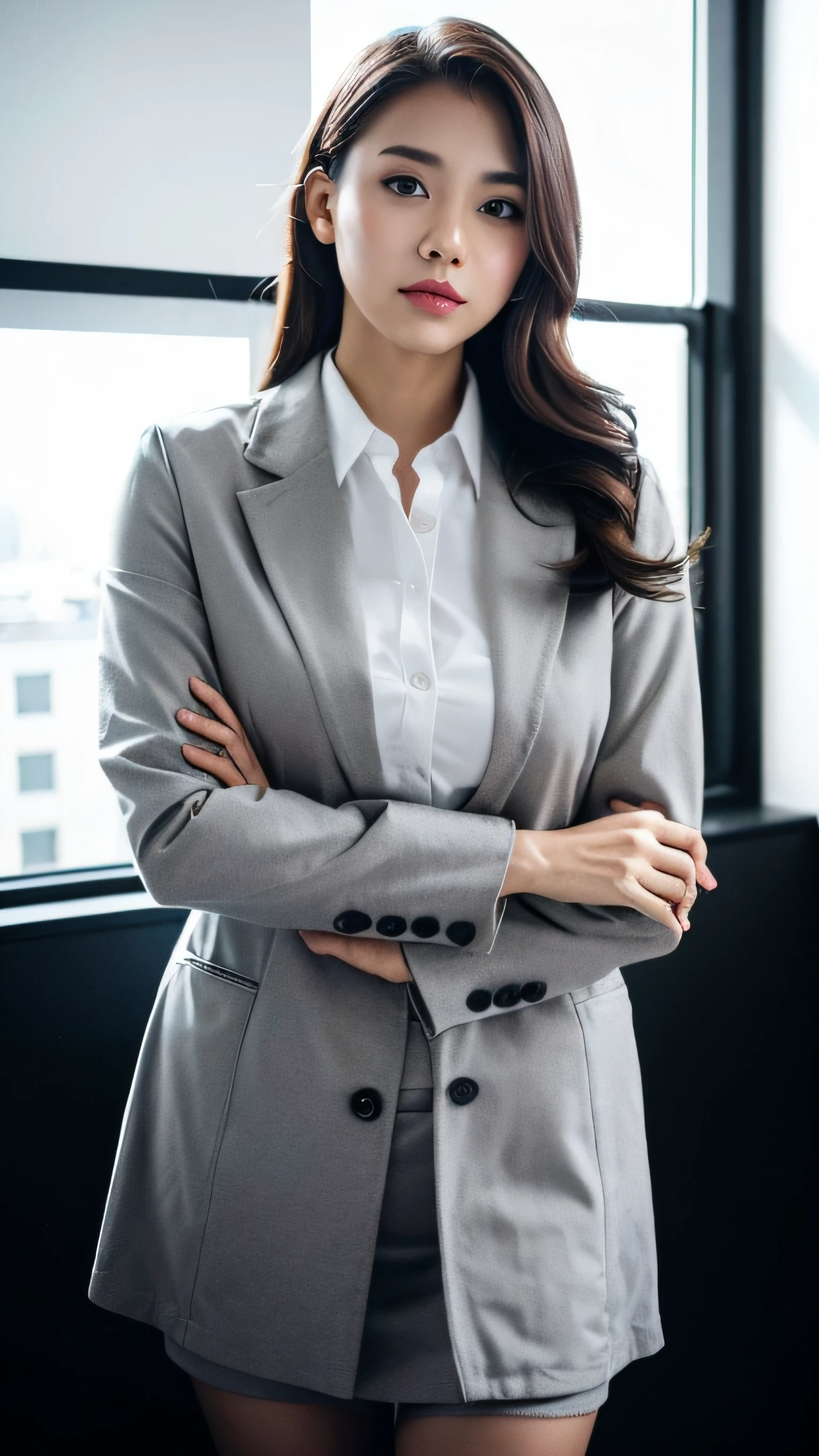 ((( woman in a white shirt , gray coat, standing))) , young business woman, professional image, wearing business casual dress, professional profile photo, posing with crossed arms, female in office dress, professional picture, professional profile picture, well lit professional photo, office clothes, cindy avelino, photo of a woman, business woman, detailed professional photo,Malaysian, lecturer, black hair, slim body,(((grey office coat))), standing