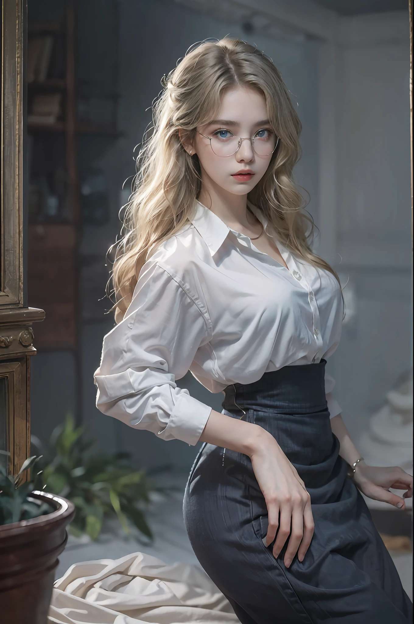 ((Realistic lighting, top-quality, 10, masterpiece: 1.3)), The lady is so cute.. She looks like she's showing off her body., 10, shooting imaging, master-piece, bestquality, dark gray background, ((1 blue-eyed girl and gorgeous light blonde rubbing long curly hair, She wears glasses on her beautiful face., White long skirt, Thin white shirt,