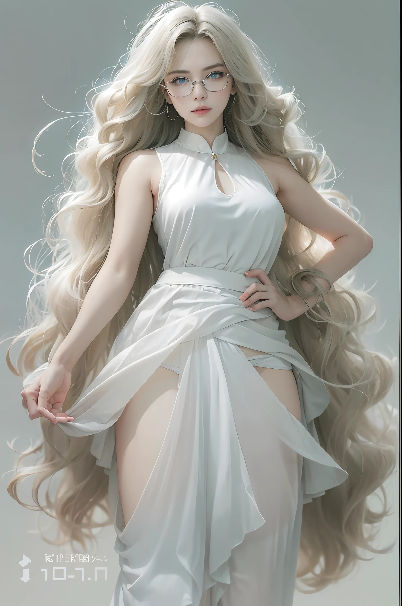 ((Realistic lighting, top-quality, 10, masterpiece: 1.3)), The lady is so cute.. She looks like she's showing off her body., 10, shooting imaging, master-piece, bestquality, dark gray background, ((1 blue-eyed girl and gorgeous light blonde rubbing long curly hair, She wears glasses on her beautiful face., White long skirt, Thin white shirt