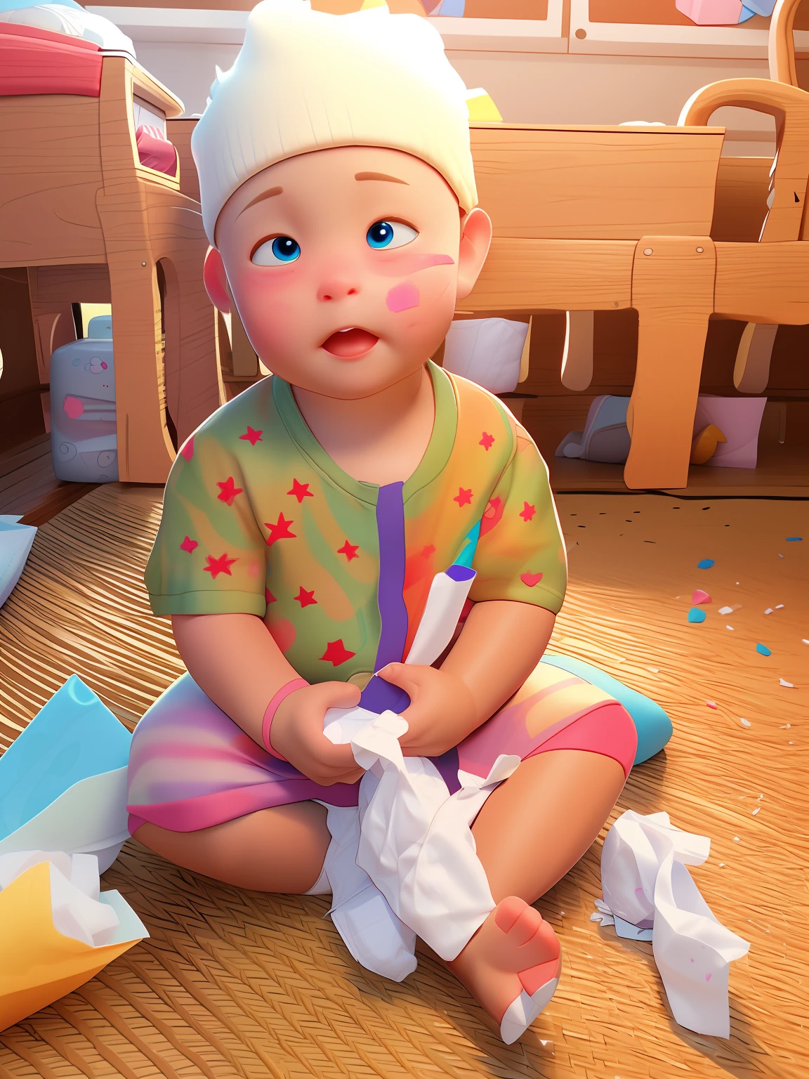 There was a sitting on the floor with a piece of paper, Play with tissues, overflowing with diapers, kiddy big breasts, 0.age 5, Cute big eyes looking at the camera, Cute boy, Mischievous, Profile picture, k hd,the detail,clean backdrop