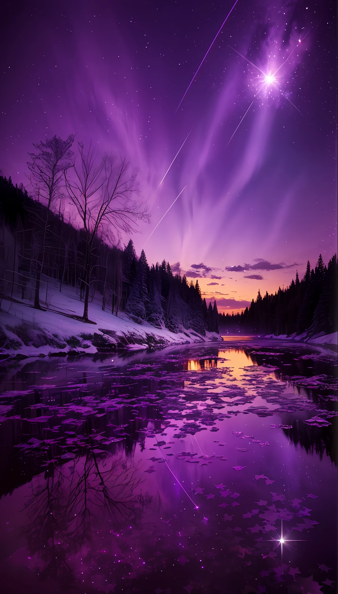 The purple sky and stars are reflected on the frozen lake, magical sparkling lake, Purple beautiful sky, Magnificent background, purple omnious sky, magical colors and atmosphere, Purple sky, glowing purple, cosmic purple space!, magical scenery, purplish space in background, Purple glow, Starry Sky 8 K, violet sky, cosmos sem fim no fundo, purple sunset, detailed dreamscape