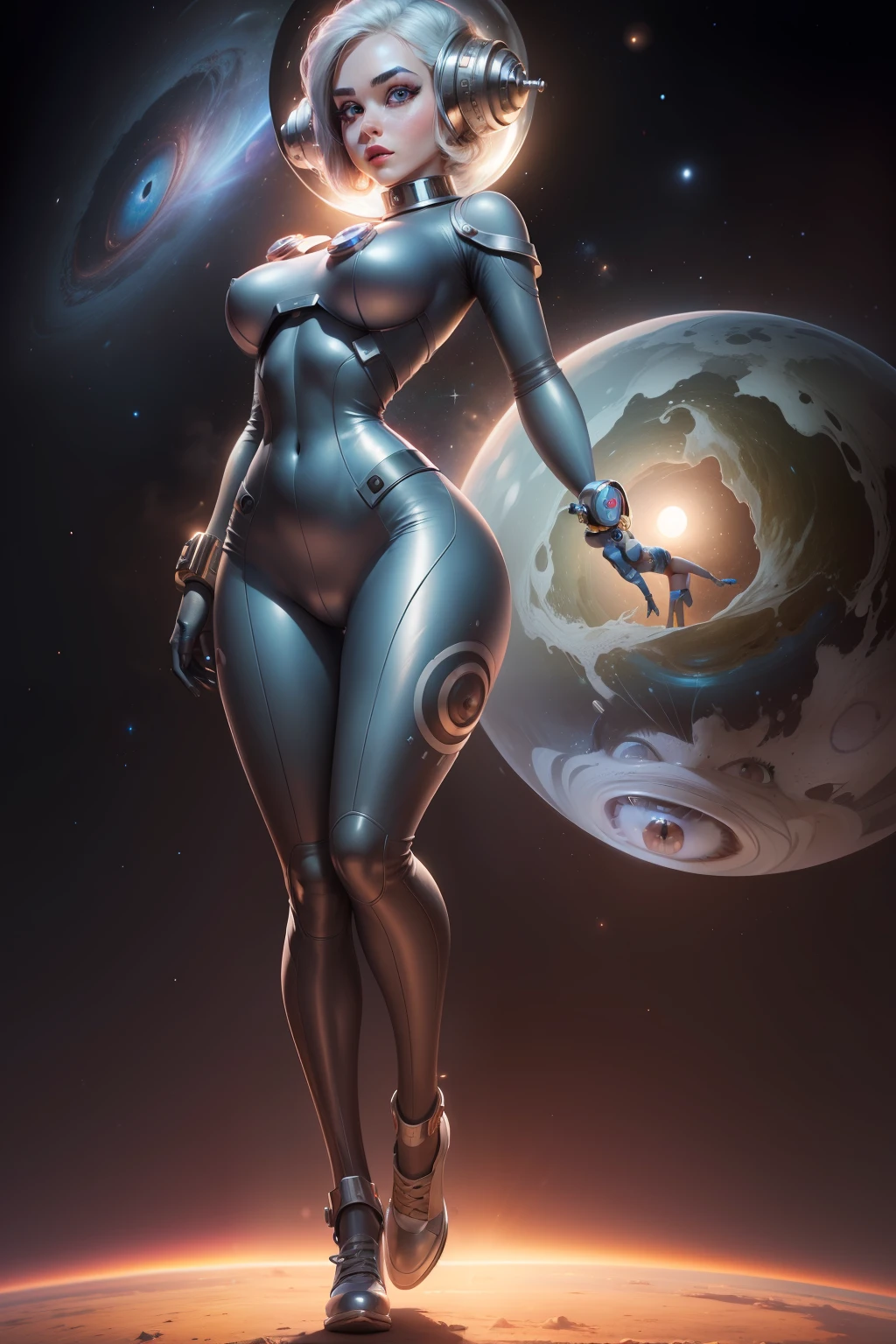 1950's space girl proportional eyes, (realistic:1.5),photorealistic, hyper realistic, (extremely detailed eyes), hyper detailed, soft lighting, (detailed background), extreme detail background, sharp details, ((full body)), female