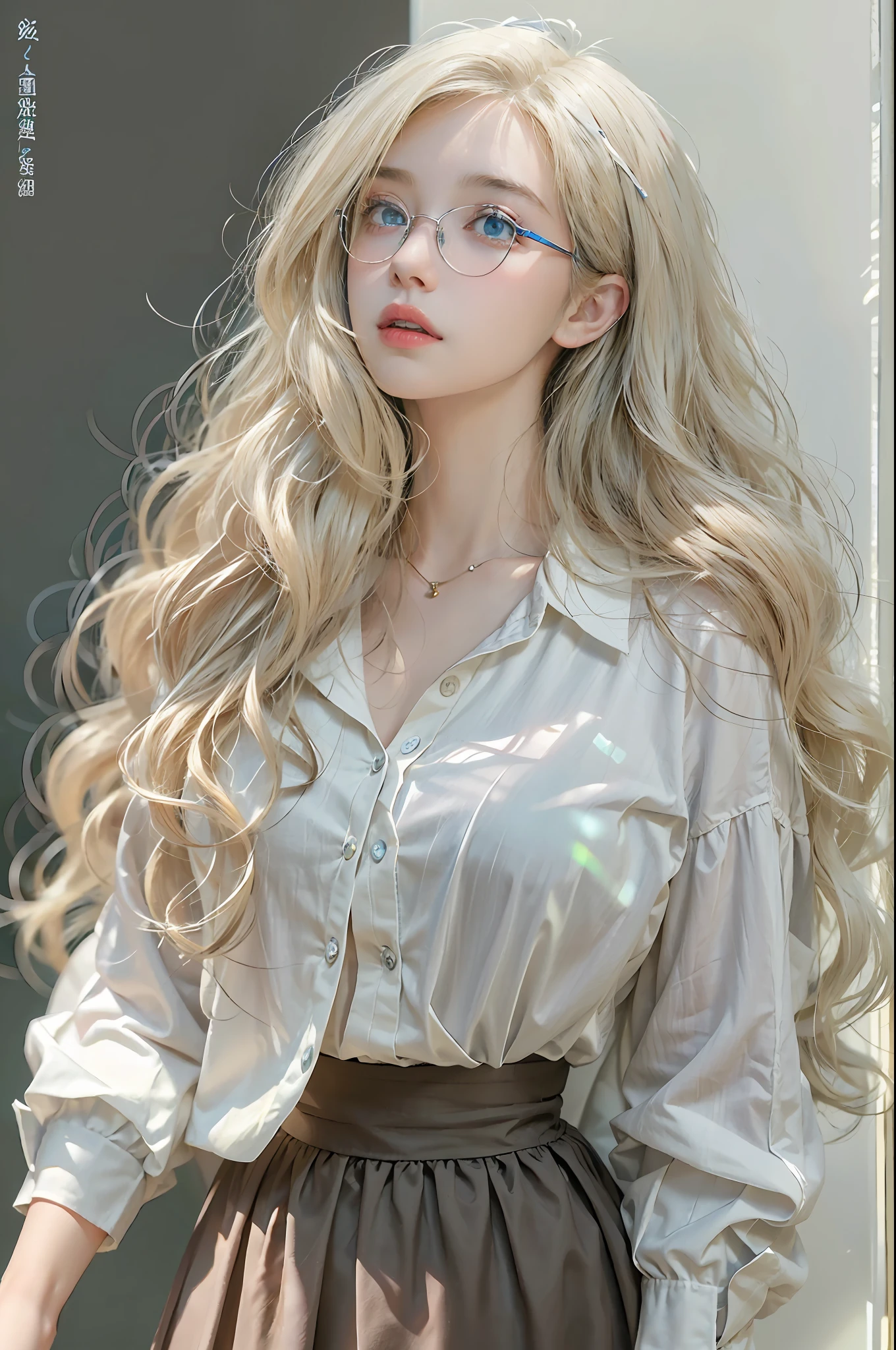 ((Realistic lighting, top-quality, 10, masterpiece: 1.3)), The lady is so cute.. She looks like she's showing off her body., 10, shooting imaging, master-piece, bestquality, dark gray background, ((1 blue-eyed girl and gorgeous light blonde rubbing long curly hair, She wears glasses on her beautiful face., White long skirt, Thin white shirt