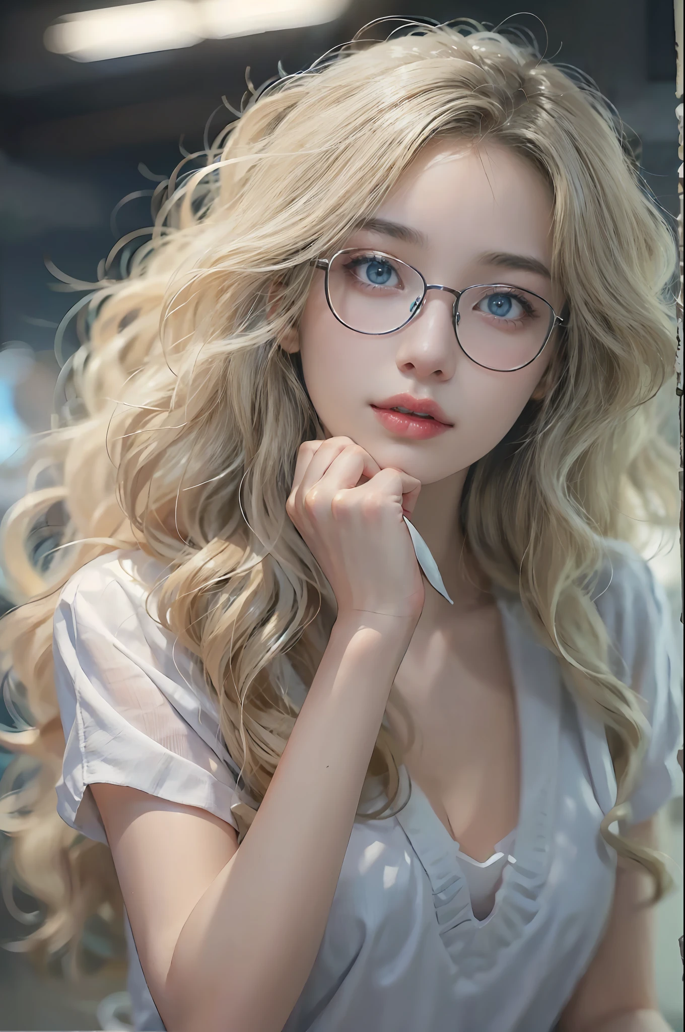 ((Realistic lighting, top-quality, 10, masterpiece: 1.3)), The lady is so cute.. She looks like she's showing off her body., 10, shooting imaging, master-piece, bestquality, dark gray background, ((1 blue-eyed girl and gorgeous light blonde rubbing long curly hair, She wears glasses on her beautiful face., White long skirt, Thin white shirt