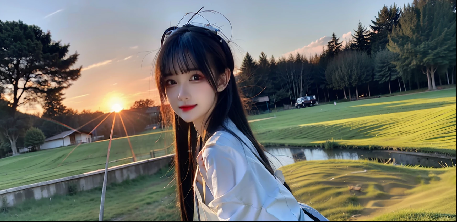 Kizi，exteriors，silber hair，Green grasslands，cinematric light，chase，the setting sun，rays of moonlight，Flashlight