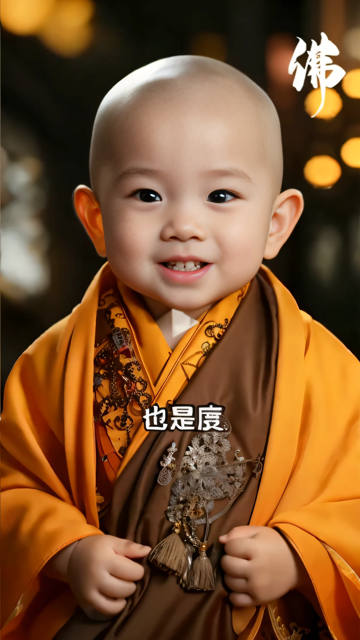 Close-up of a  smiling littk in a robe, yanjun cheng, Cai Xukun, monk clothes, Yan, Chiba Yuda, Inspired by Hu Zaobin, inspired by Chen Daofu, inspired by Li Shixing, inspired by Zhao Mengfu, lulu chen, subtitles